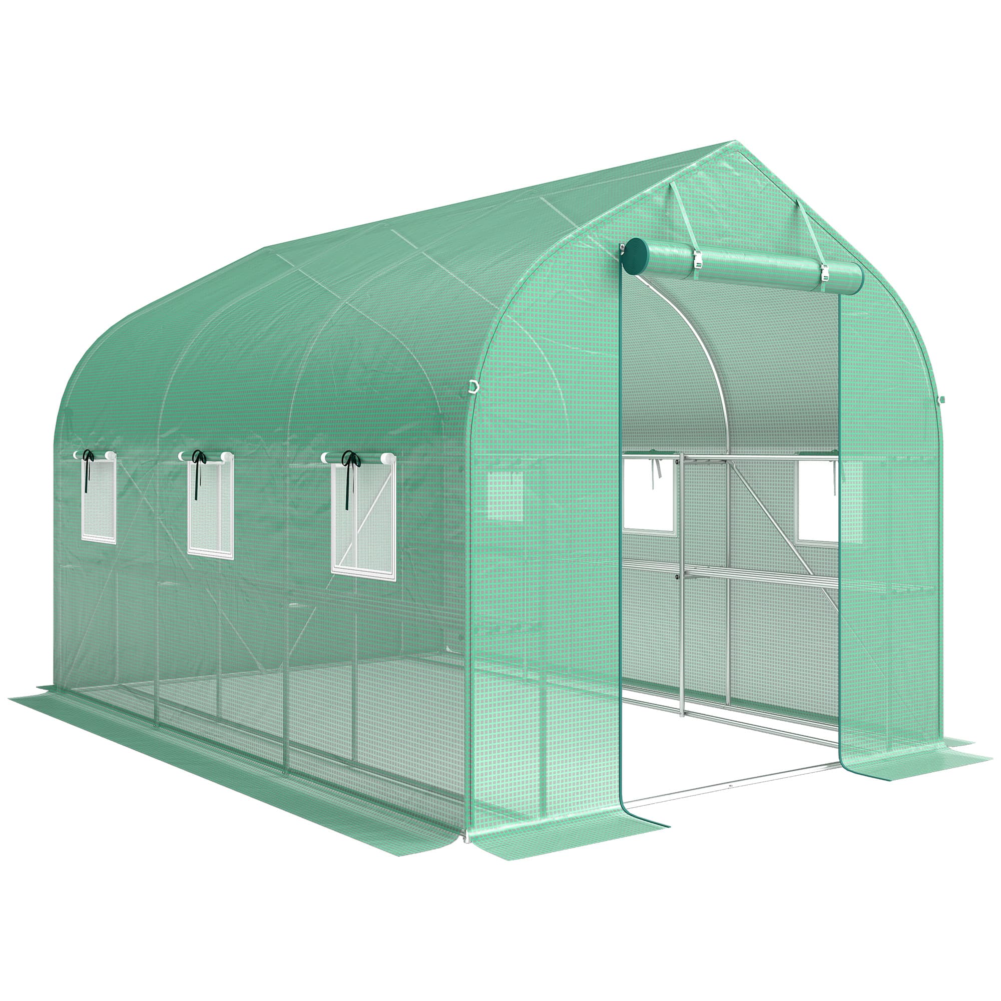 Outsunny Serre tunnel de jardin 6m2, serre de jardin avec étagères, porte et 6 fenêtres, cadre en acier galvanisé, vert
