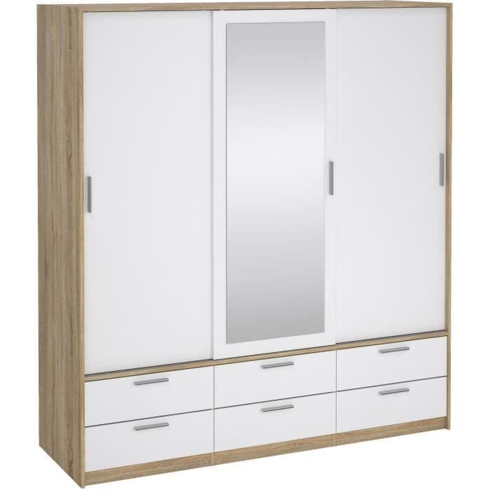 Armoire 3 portes coulissantes - 6 tiroirs - Décor Blanc et chene + miroir - L181,4 x P60 x H200 cm - ONTARIO