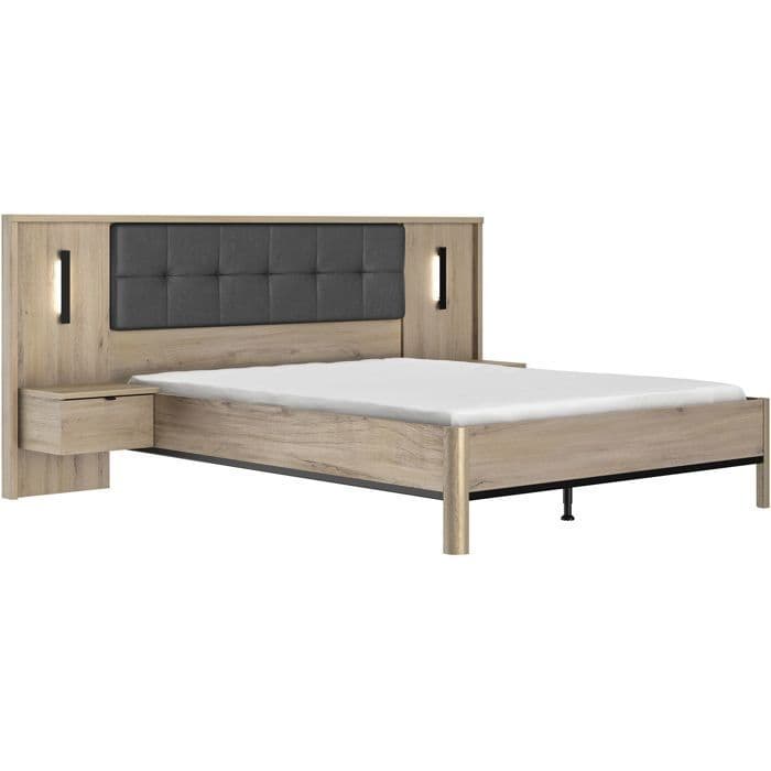 Lit adulte 160x200 cm - tete de lit capitonnée - LED - 2 chevets avec tiroirs - Décor chene - MADE IN FRANCE