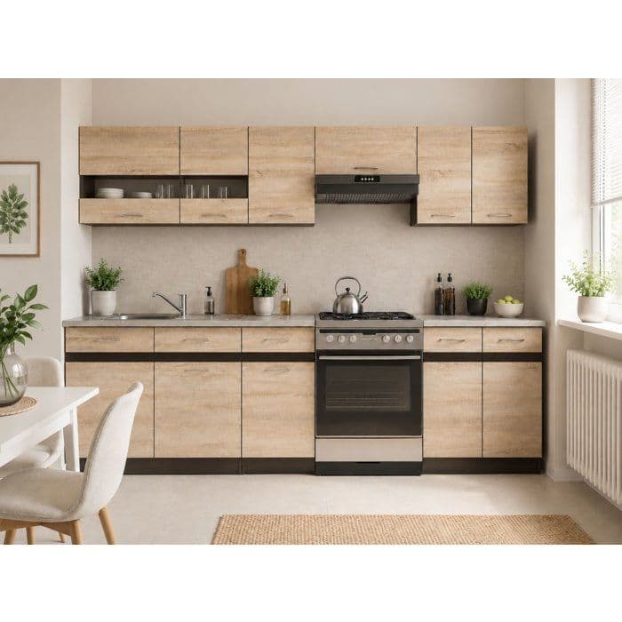 JUNONA Cuisine complete 2m40 - 7 éléments - Décor chene sonoma - plan de travail inclus