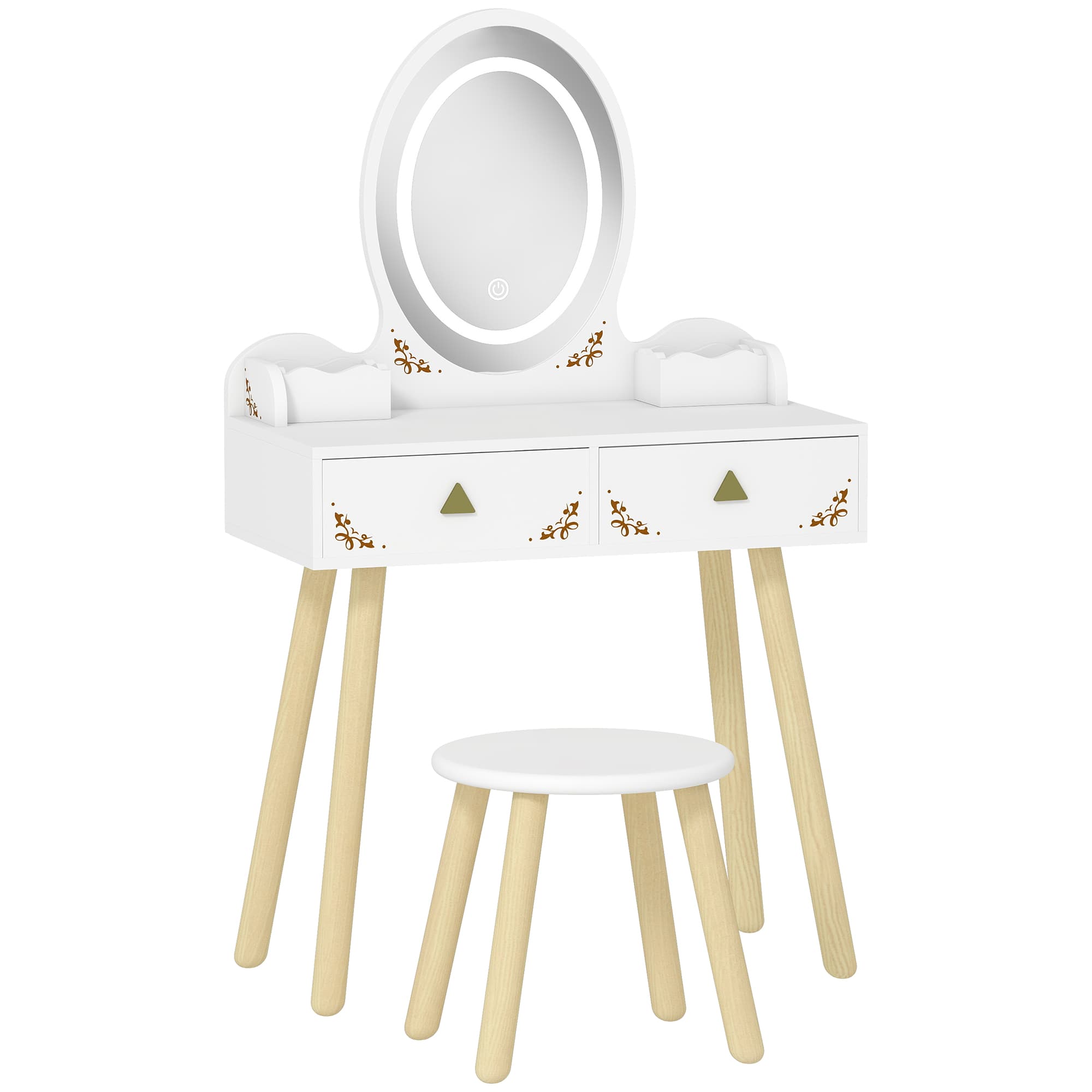 AIYAPLAY Coiffeuse pour enfant 2 en 1 bureau enfant fille avec miroir à LED 3 couleurs et tabouret 60x30x99,3 cm blanc