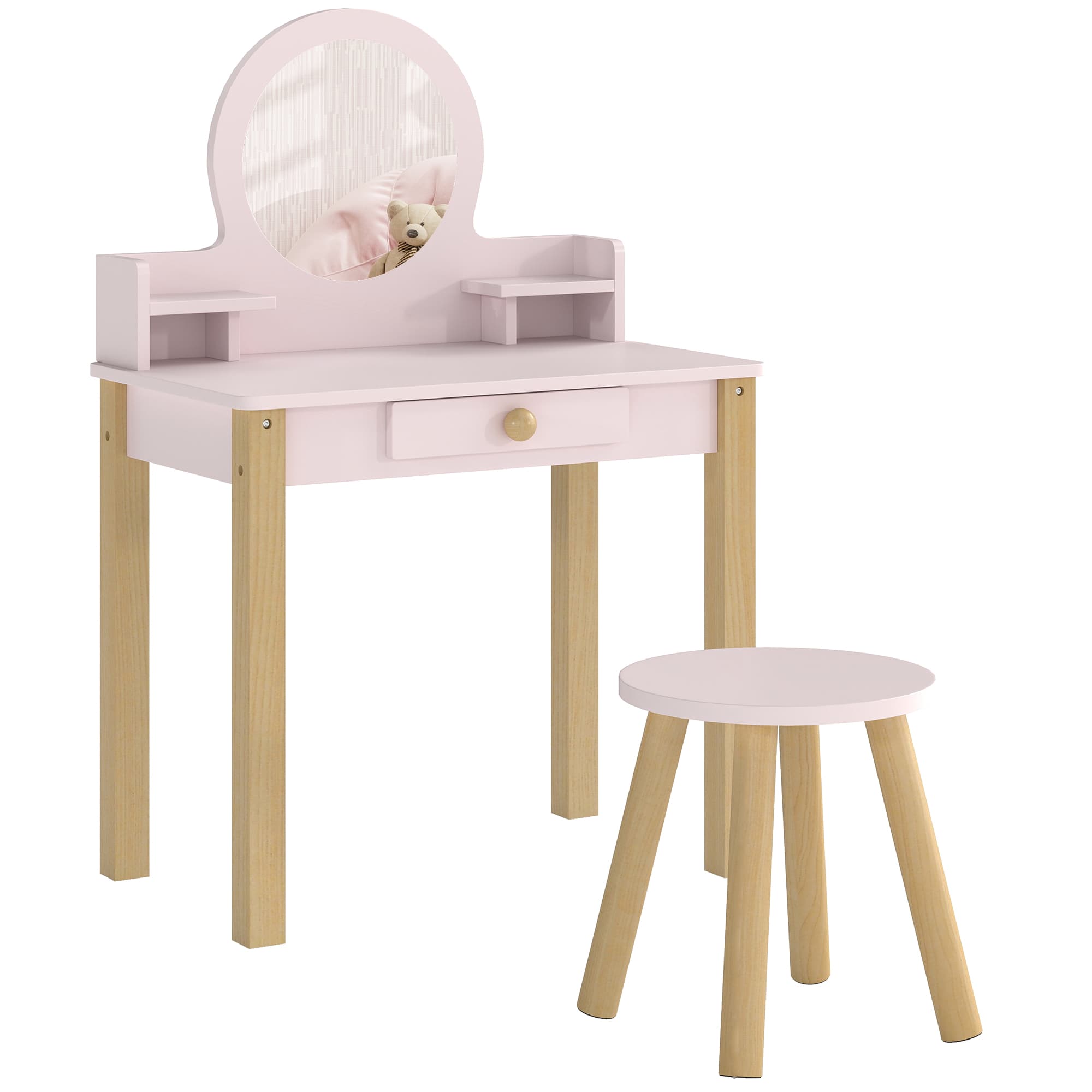 AIYAPLAY Coiffeuse enfant en bois avec miroir et tabouret, table de maquillage enfant avec tiroir et étagère, 3 à 6 ans, rose
