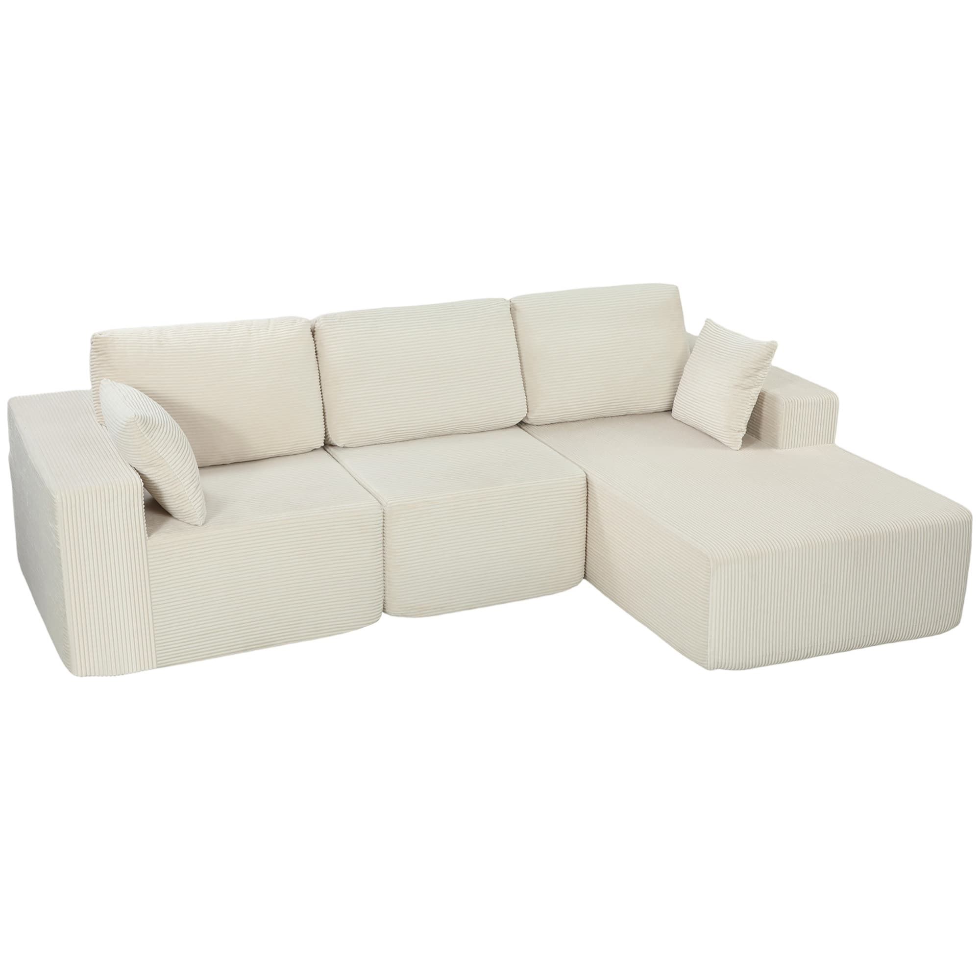 HOMCOM Canapé d'angle modulable 2 en 1, 267cm, canapé-lit 3 places en velours côtelé, larges assise et accoudoirs, crème
