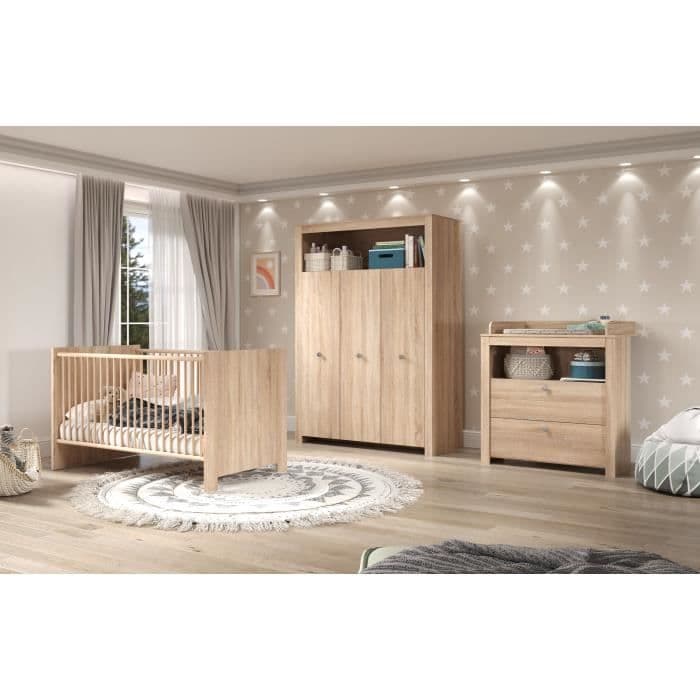 Chambre bébé Trio : Lit 70 x 140 cm + Commode a langer + Armoire OLIVIA - Chene - TREND TEAM