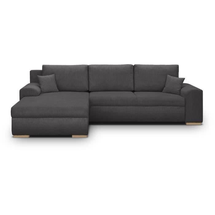 Canapé d'angle convertible - 5 places - INDIAN - Tissu velours côtelé Gris foncé - Coffre de rangement - 289 x 94/188 x 88 cm
