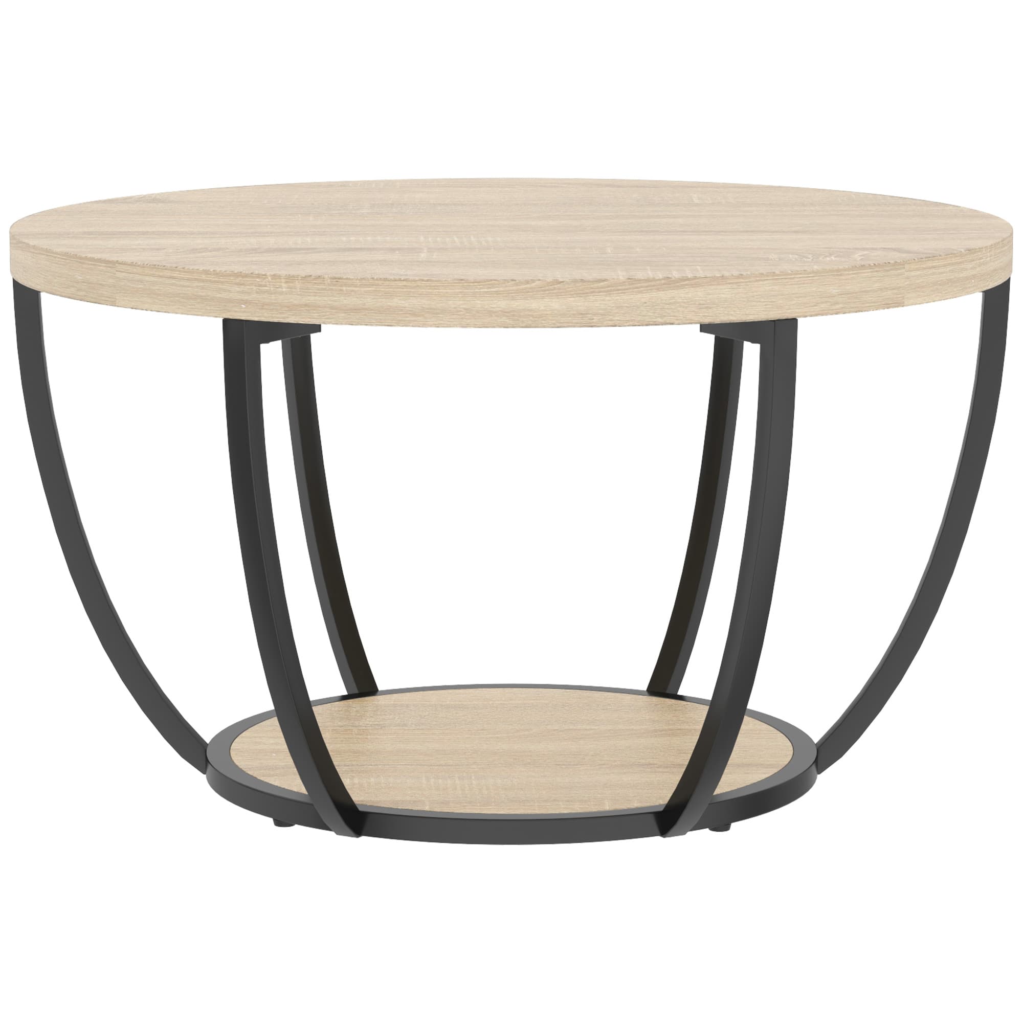 HOMCOM Table basse ronde avec 2 étagères de rangement, pieds en métal, bords arrondis, chêne et noir