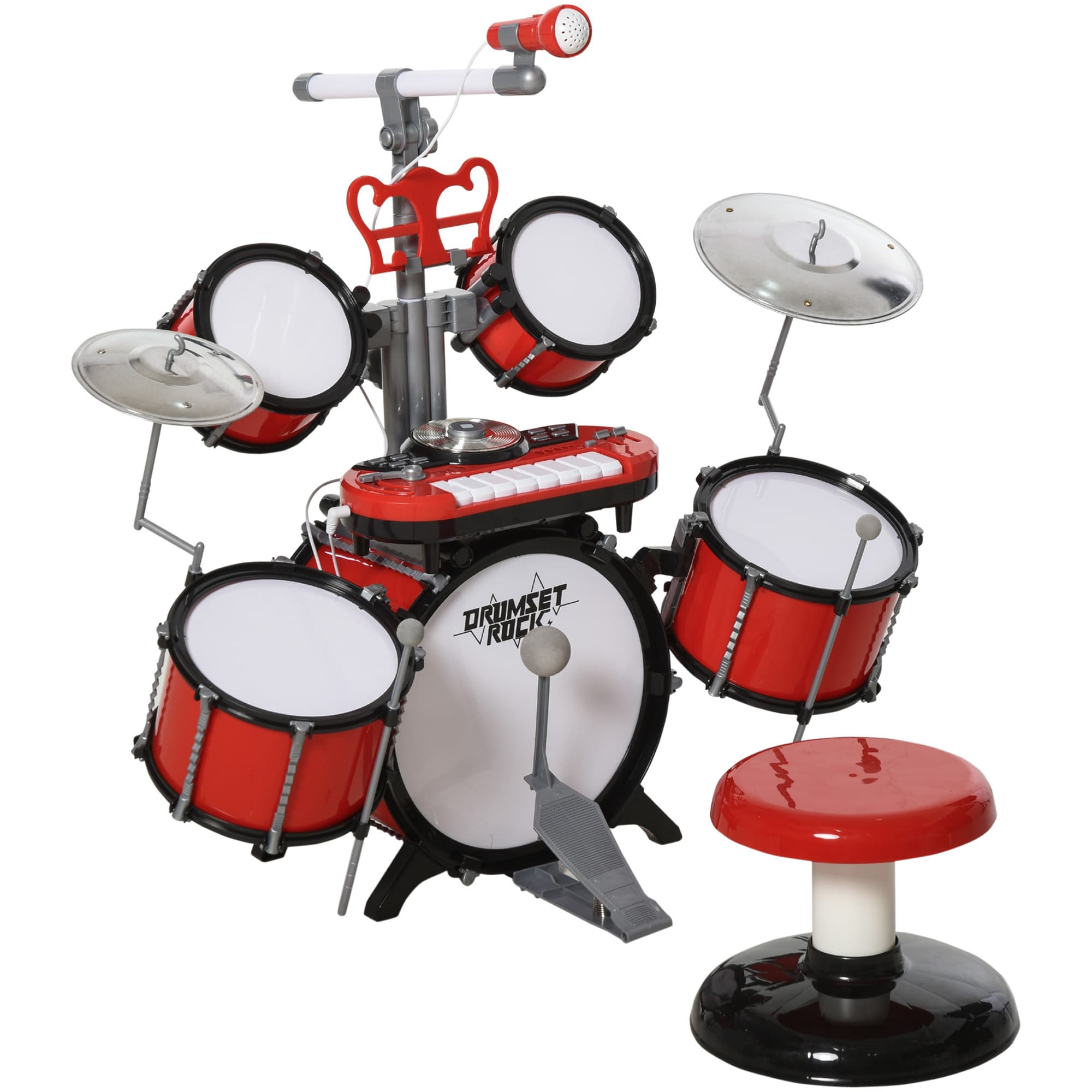 HOMCOM Kit de Batterie pour Enfants avec Tabouret, Clavier Électronique, Microphone, Connecté via USB, 77,5x40x76,5cm, Rouge