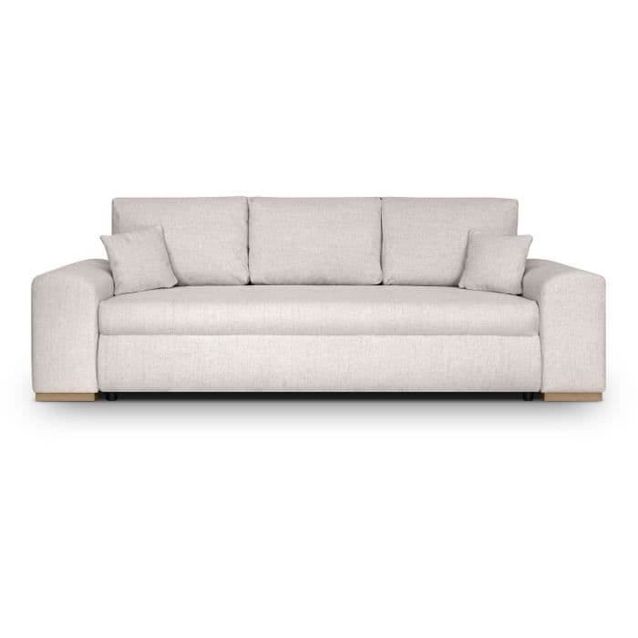 Canapé convertible avec coffre de rangement 3 places - INDIAN - Tissu beige et pieds bois - L250xH88xP98cm