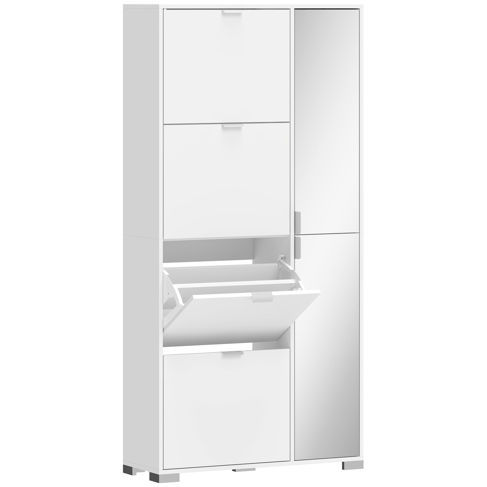 HOMCOM Meuble à chaussures 16 paires armoire à chaussures 4 tiroirs rabattables 2 portes en miroir étagères réglables blanc