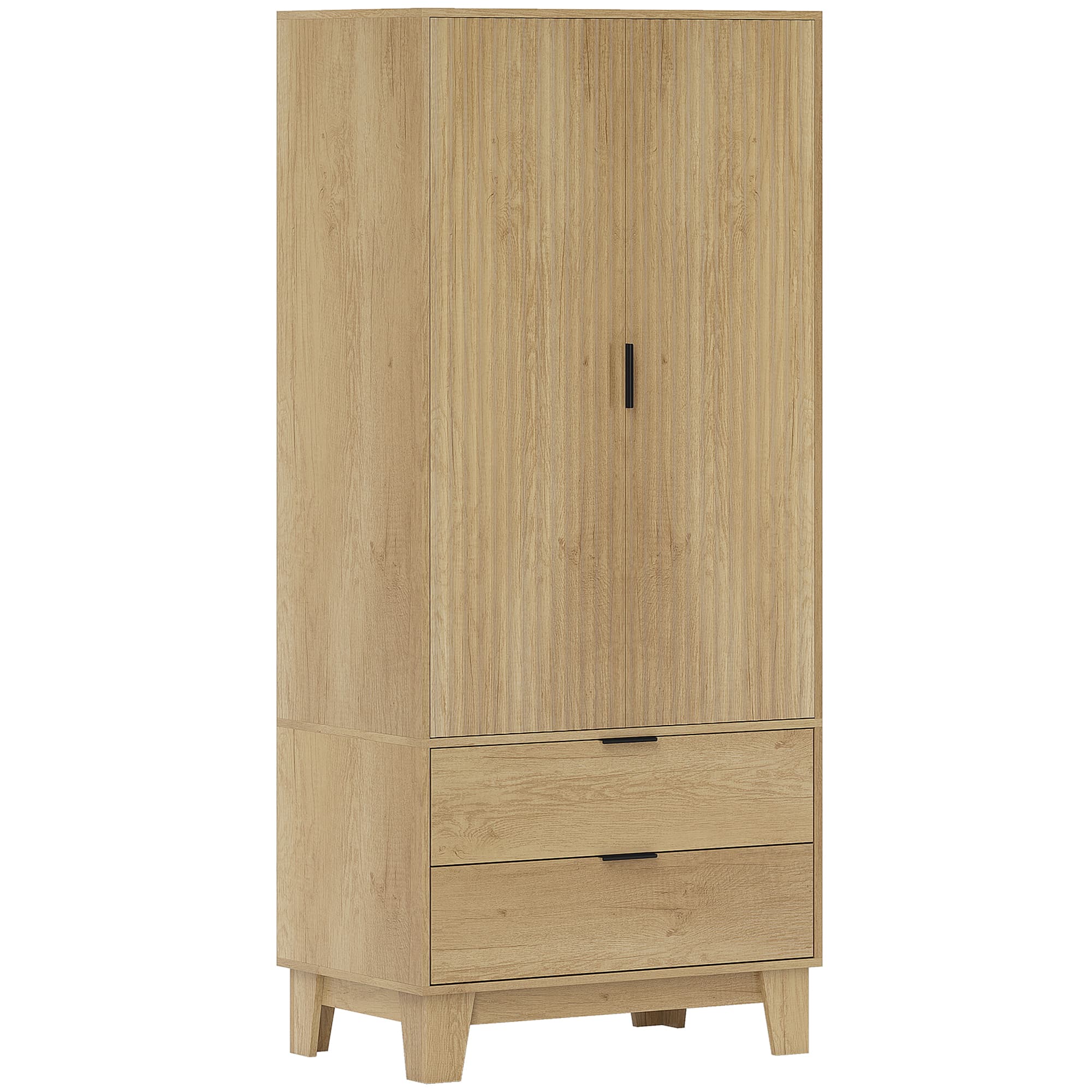 HOMCOM Armoire chambre penderie avec 2 portes à fermeture douce, 2 tiroirs et barre de suspension, 80x50x180cm, bois naturel