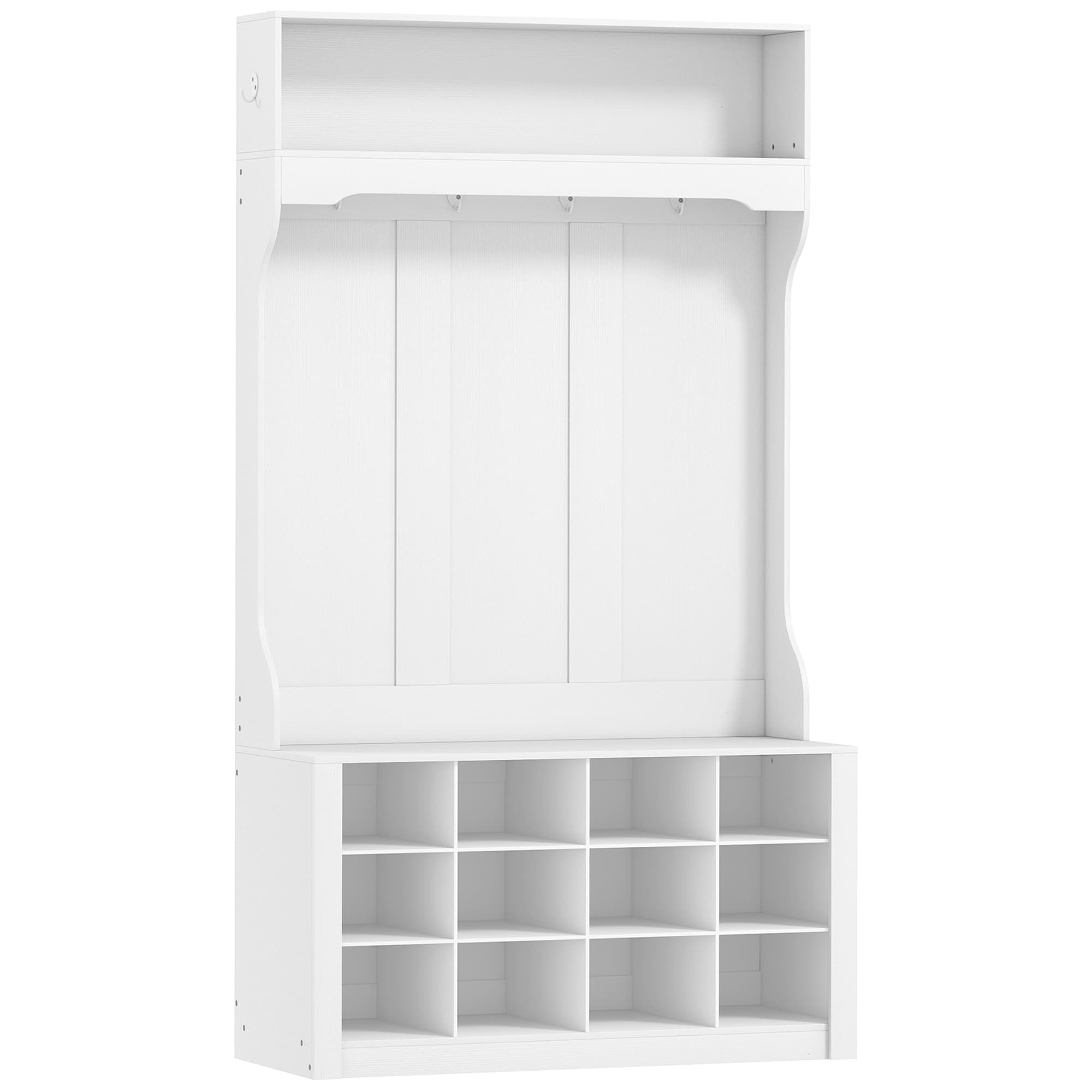 HOMCOM Porte-Manteau 4-en-1 avec Banc, Banc d'Entrée avec 12 Compartiments à Chaussures, 6 Crochets et Étagère Ouverte, Blanc