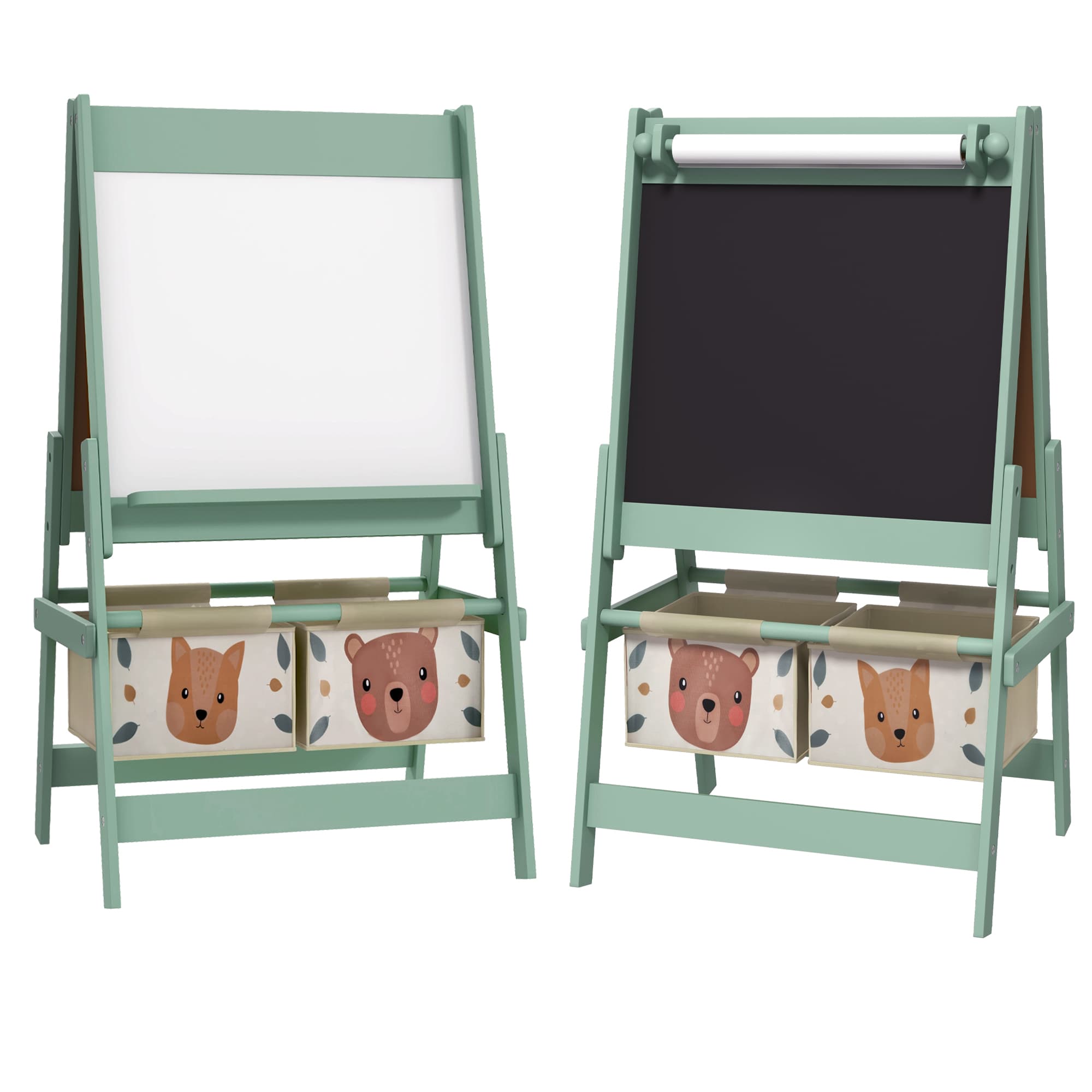 AIYAPLAY Tableau chevalet enfant ardoise double face tableau à craie rouleau papier 2 paniers 54 x 46,5 x 93 cm vert