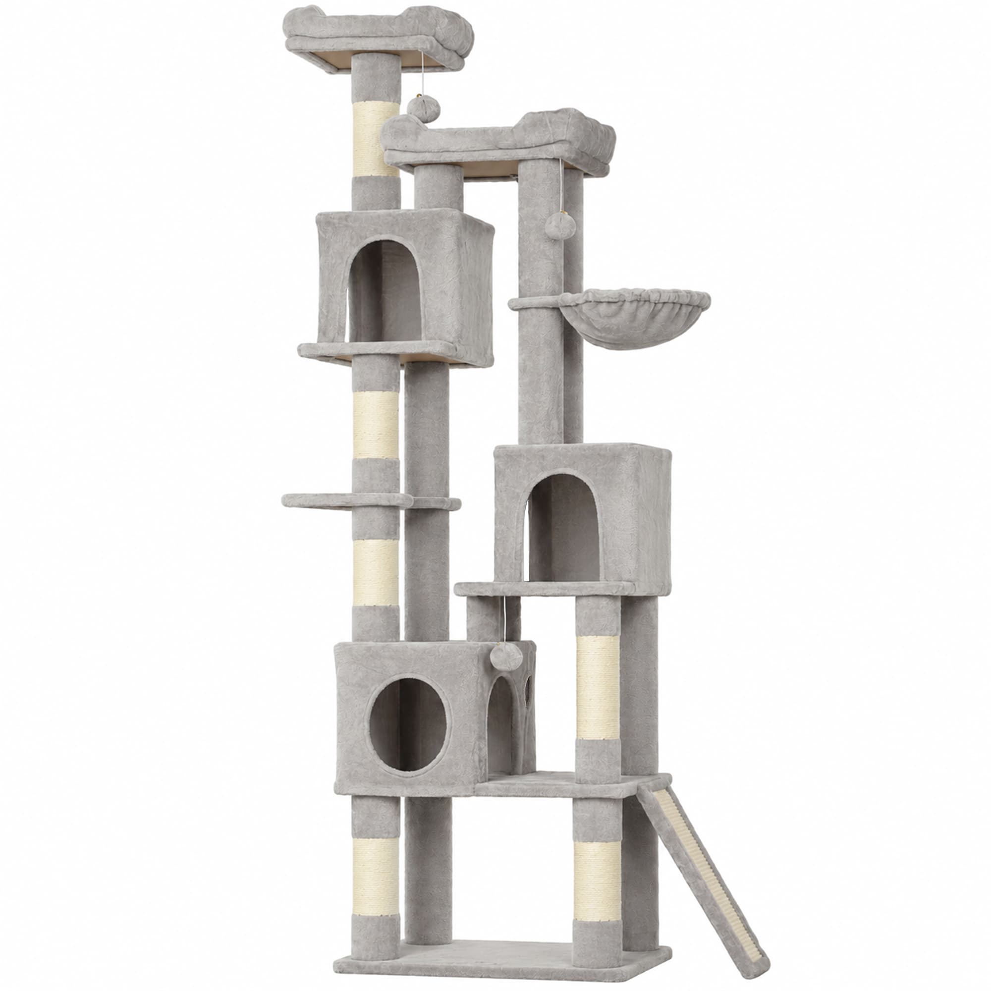 PawHut Arbre à chat griffoir haut 200 cm avec 6 poteaux griffoirs en sisal, 2 nids, 3 cabines, hamac, Gris clair