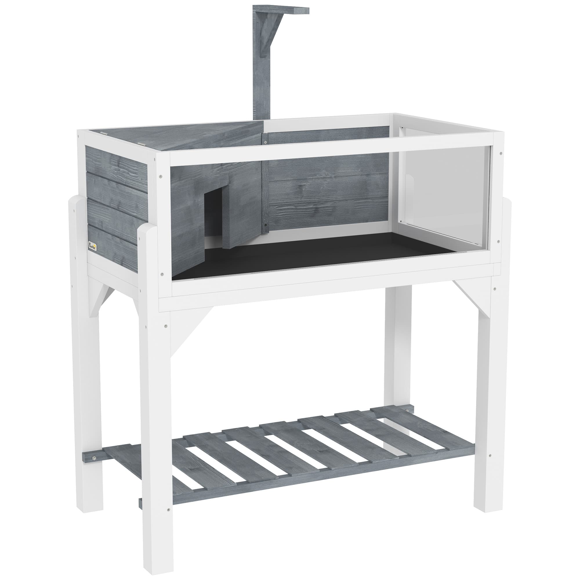 PawHut Maison pour tortues terrarium tortue terrestre sur pieds 2 zones toit ouvrant zone interactive 84,5 x 47,5 x 90 cm gris
