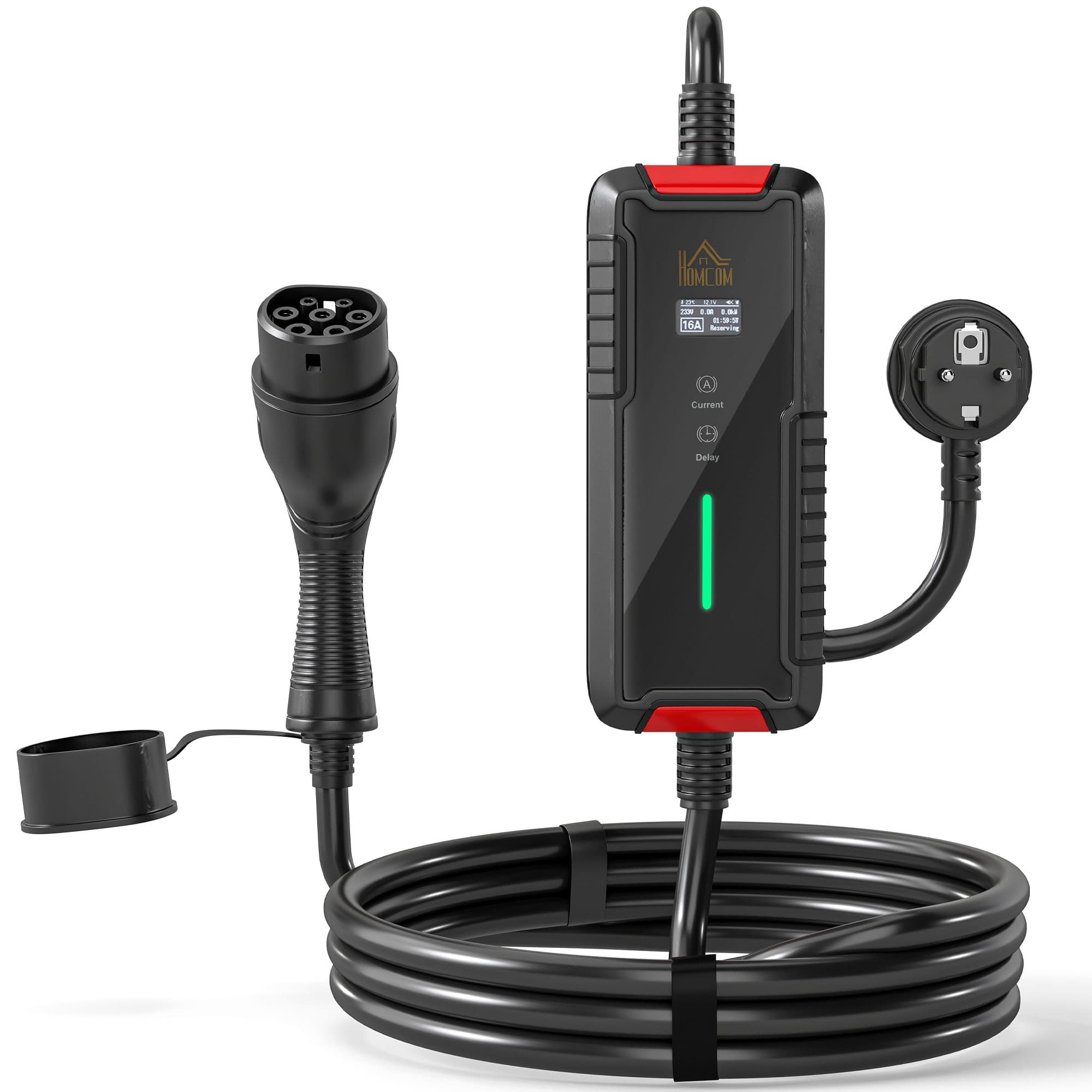 HOMCOM Chargeur Voiture Électrique Type 2 3,5kW [5m, 6/8/10/13/16A] Câble de Recharge Portable Écran LCD Retardateur Noir