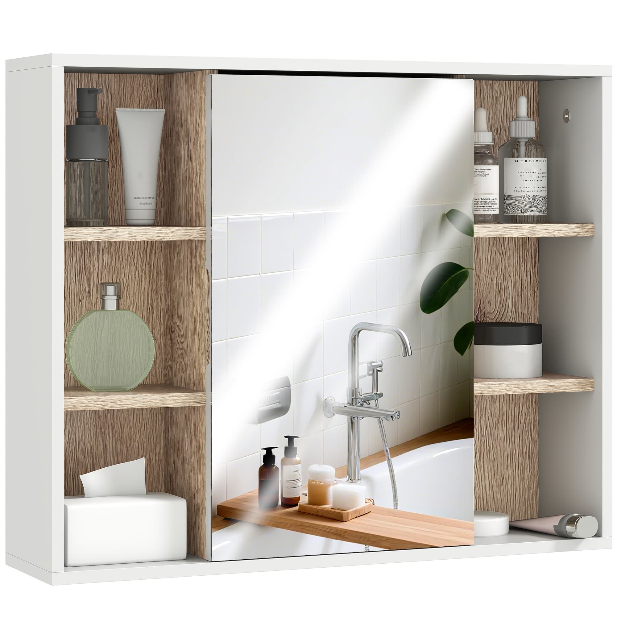 HOMCOM Armoire Murale à Miroir Armoire de Toilettes en Bois avec 6 Étagères de Rangement Idéale pour Salle de Bain Chambre 60 x 14 5 x 49 4 cm Blanc