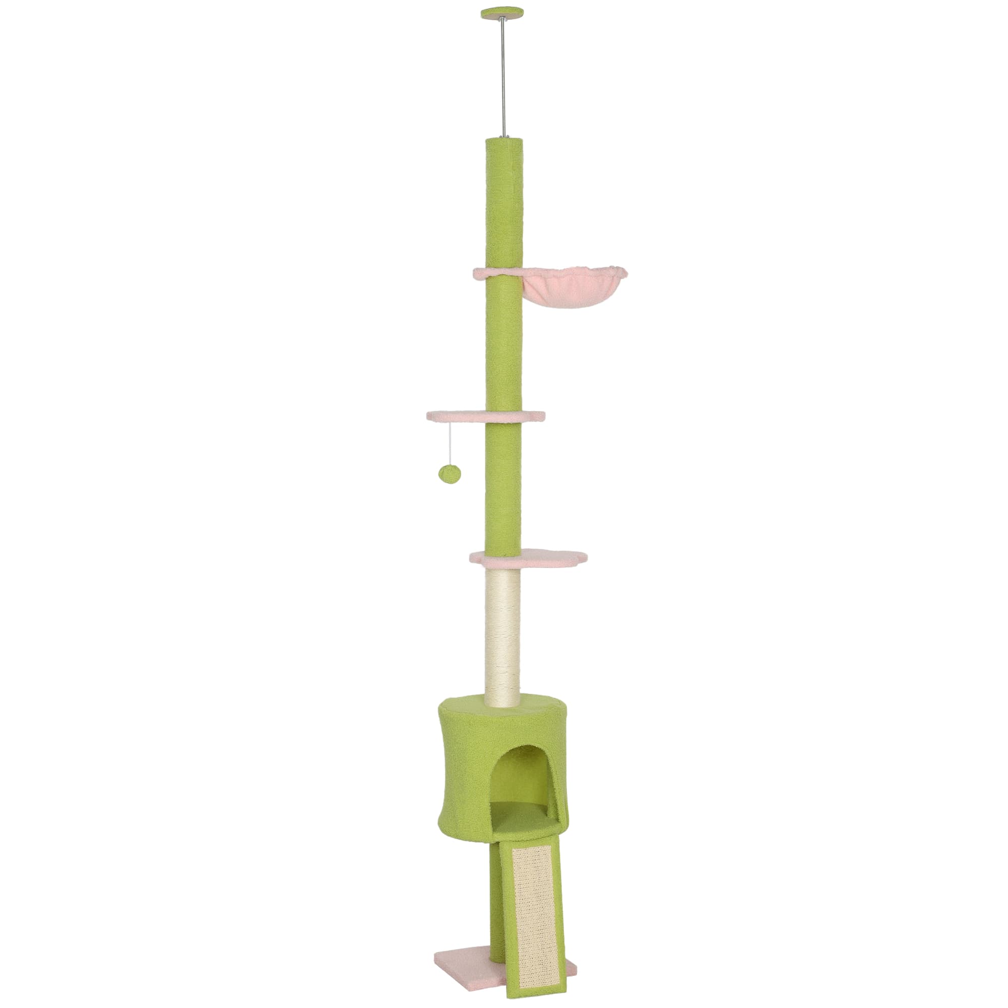 PawHut Arbre à chat du sol au plafond 5 niveaux hauteur réglable 220-240 cm plateformes fleur avec griffoir niche hamac vert