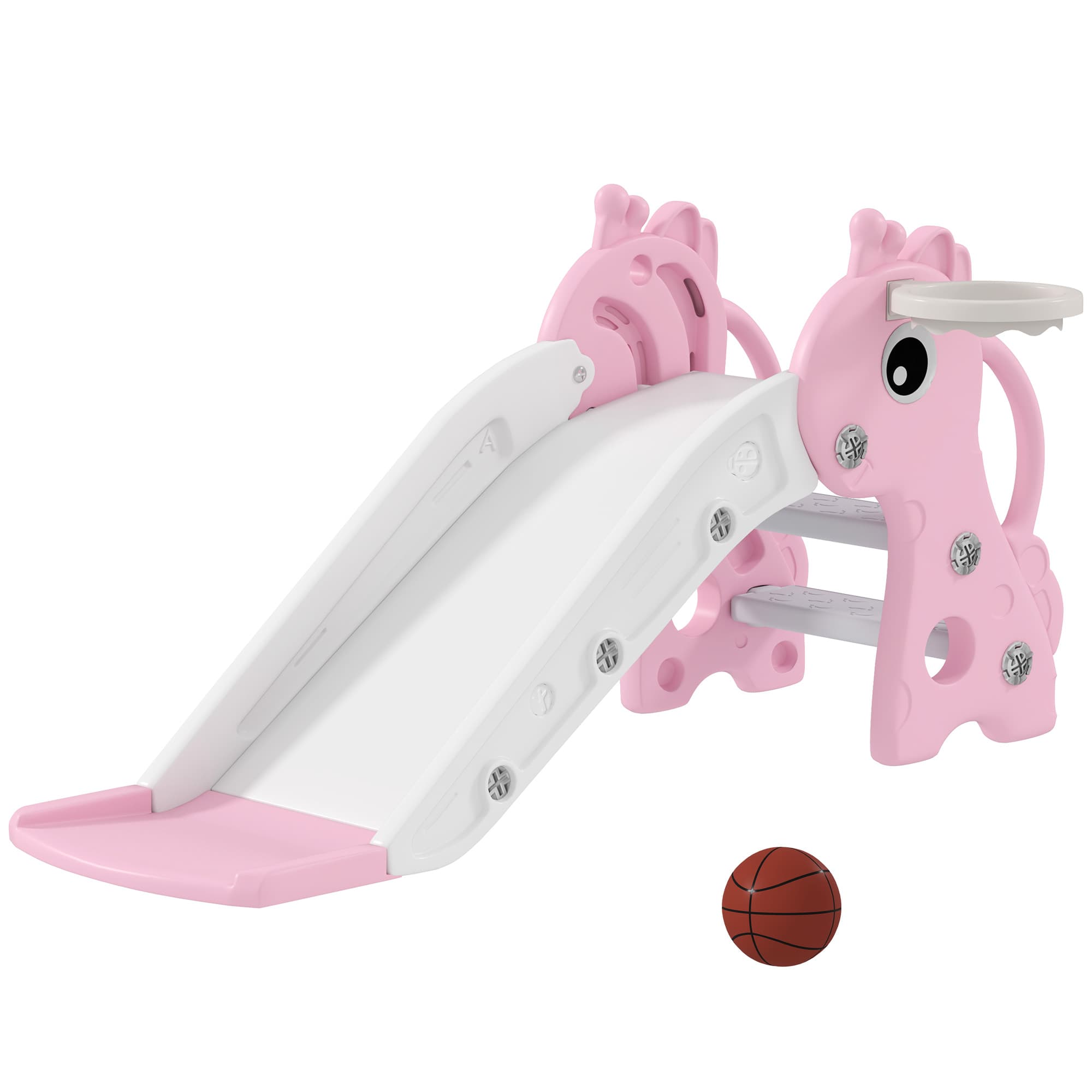 AIYAPLAY Toboggan pour enfants 3 en 1 en forme de girafe avec panier de basket, escalade et ballon, 106 x 51,5 x 52 cm, rose