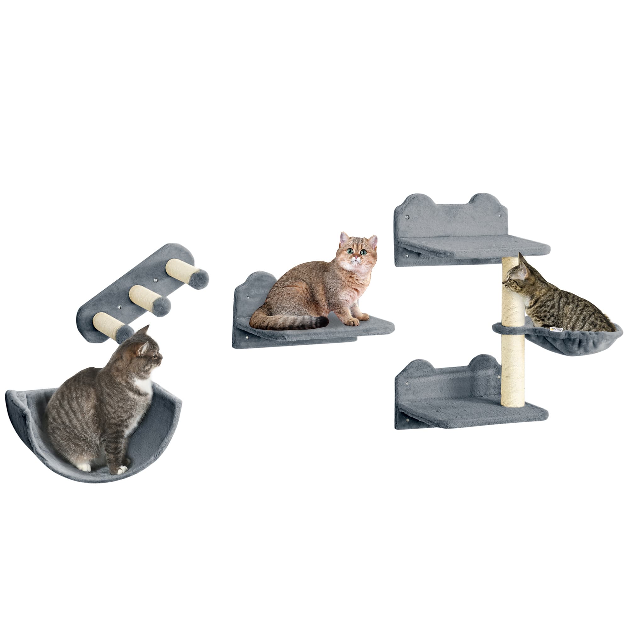 PawHut Parcours Mural Complet pour Chats 4 Pièces avec Griffoir, Hamac et Plateformes en Sisal et Peluche Grise Aosom France
