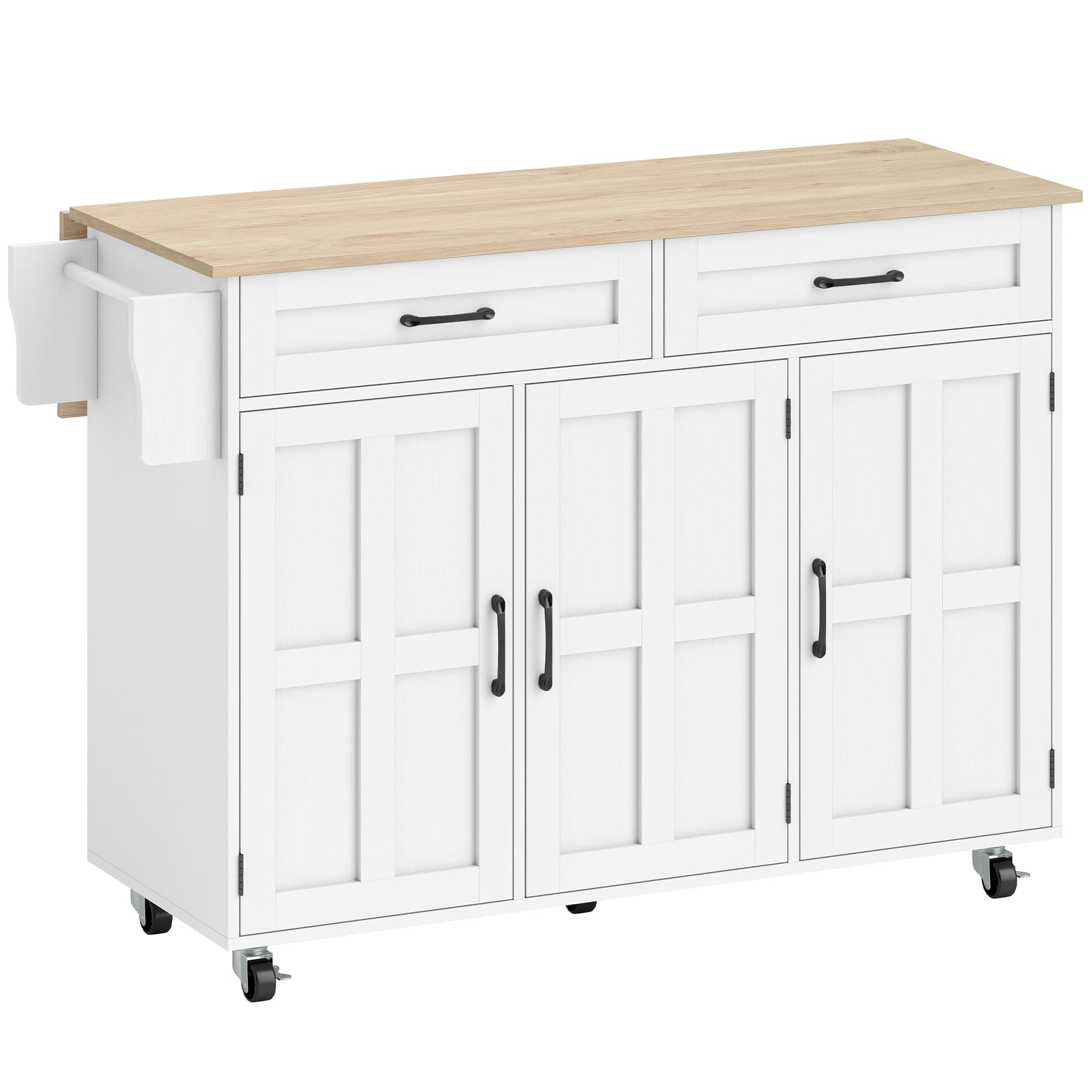 HOMCOM Îlot de cuisine avec plateau rabattable, chariot à roulettes 2 tiroirs, 3 portes, porte-racks et porte-serviettes, blanc