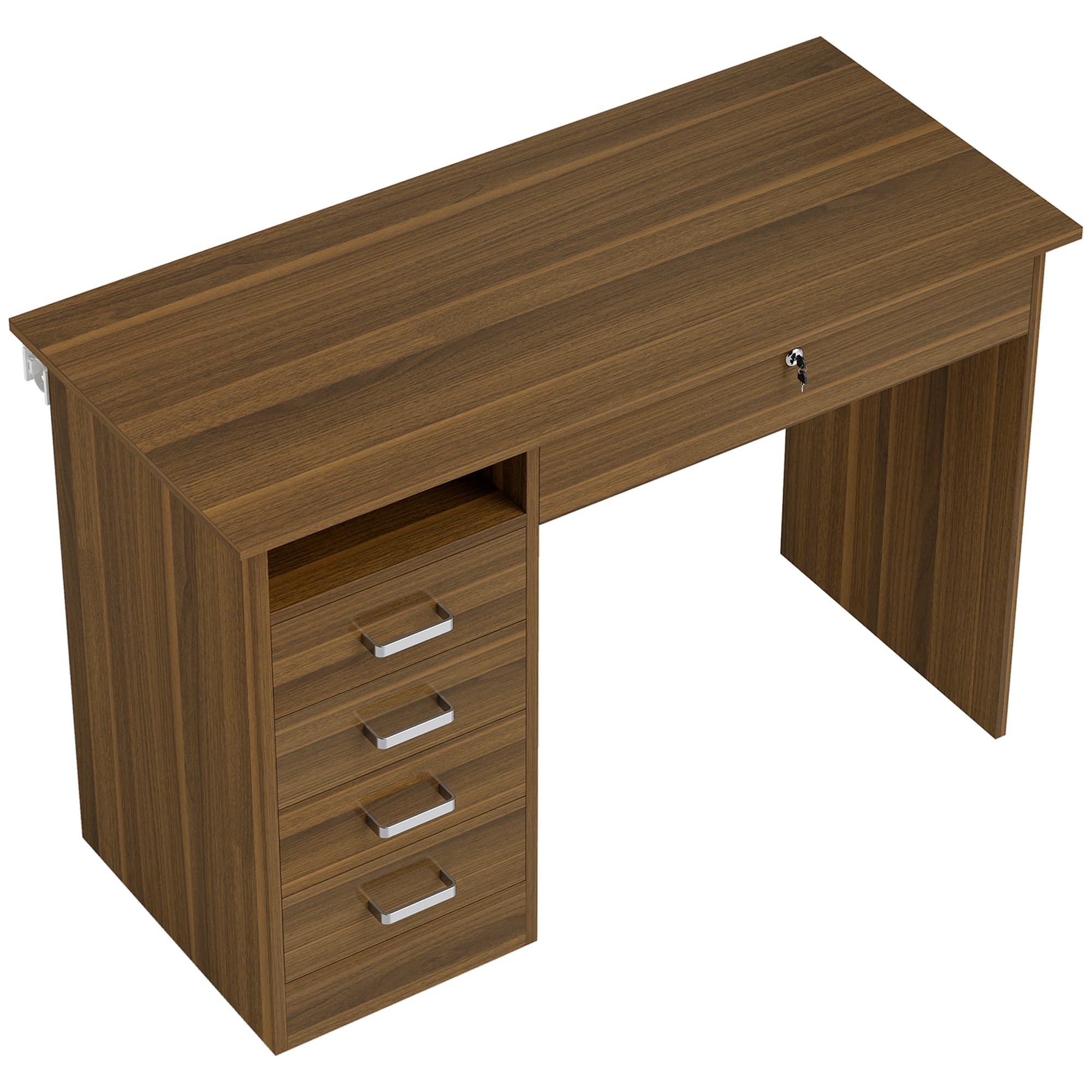 HOMCOM Bureau Informatique avec 5 Tiroirs, 110 x 50 cm, Bureau avec Rangement, Étagère Ouverte, Tiroir Verrouillable, Noyer
