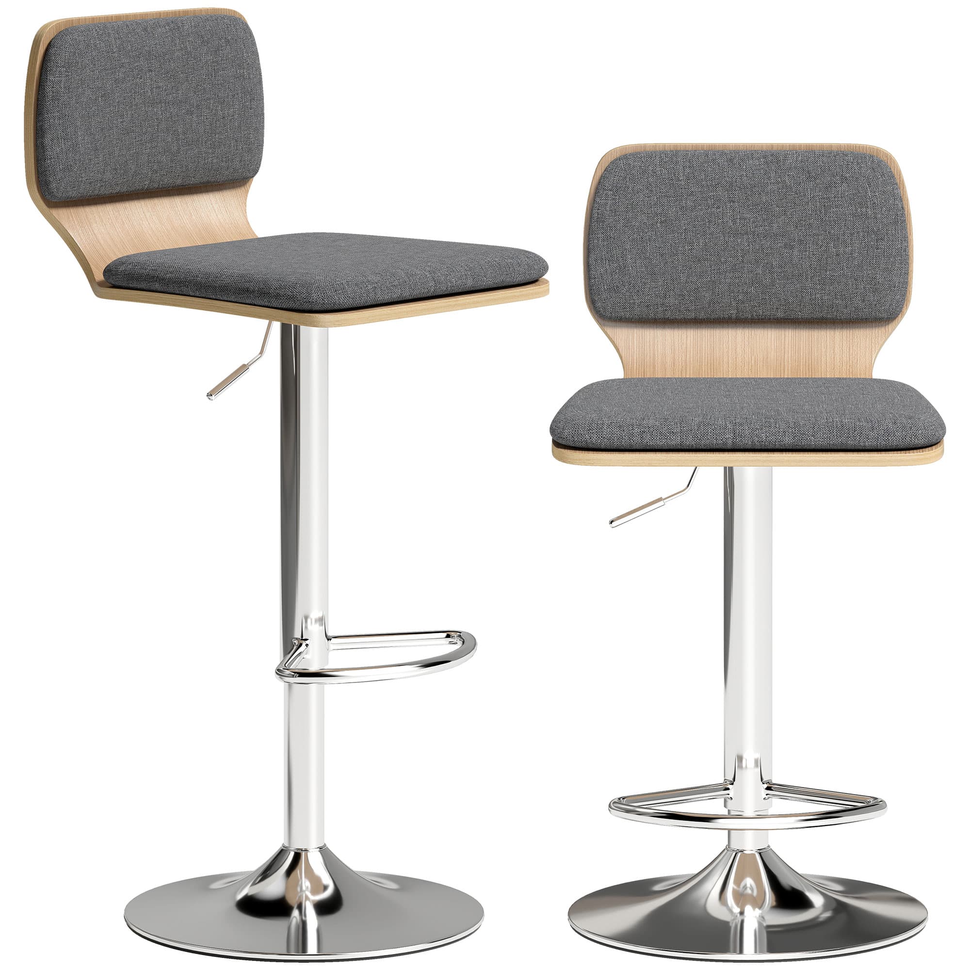 HOMCOM Lot de 2 tabourets de bar chaises de bar réglable en hauteur dossier repose-pieds pivotant 360° 41x47,5x81-102cm gris