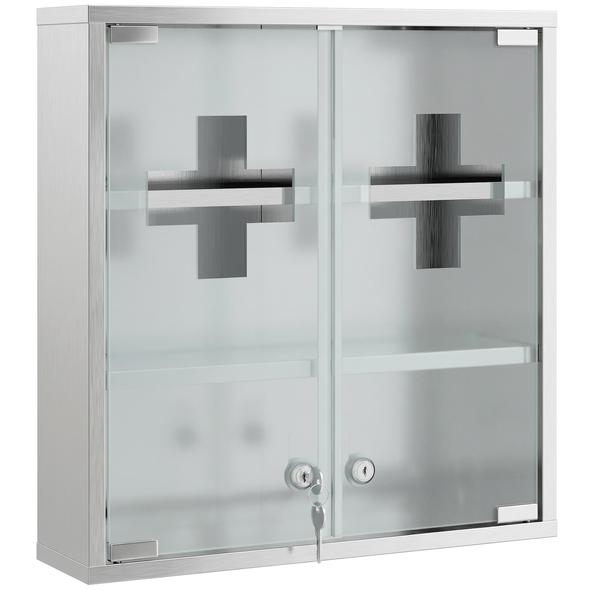 HOMCOM Armoire à pharmacie murale avec portes en verre verrouillables 2 clés, étagères de rangement, 46 x 12 x 48 cm, argenté