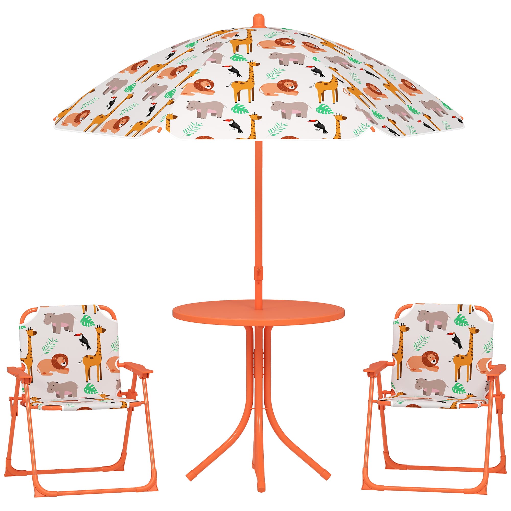 AIYAPLAY Salon de jardin enfant, table enfant avec 2 chaises pliantes et parasol Ø 100 cm, motif animal, orange