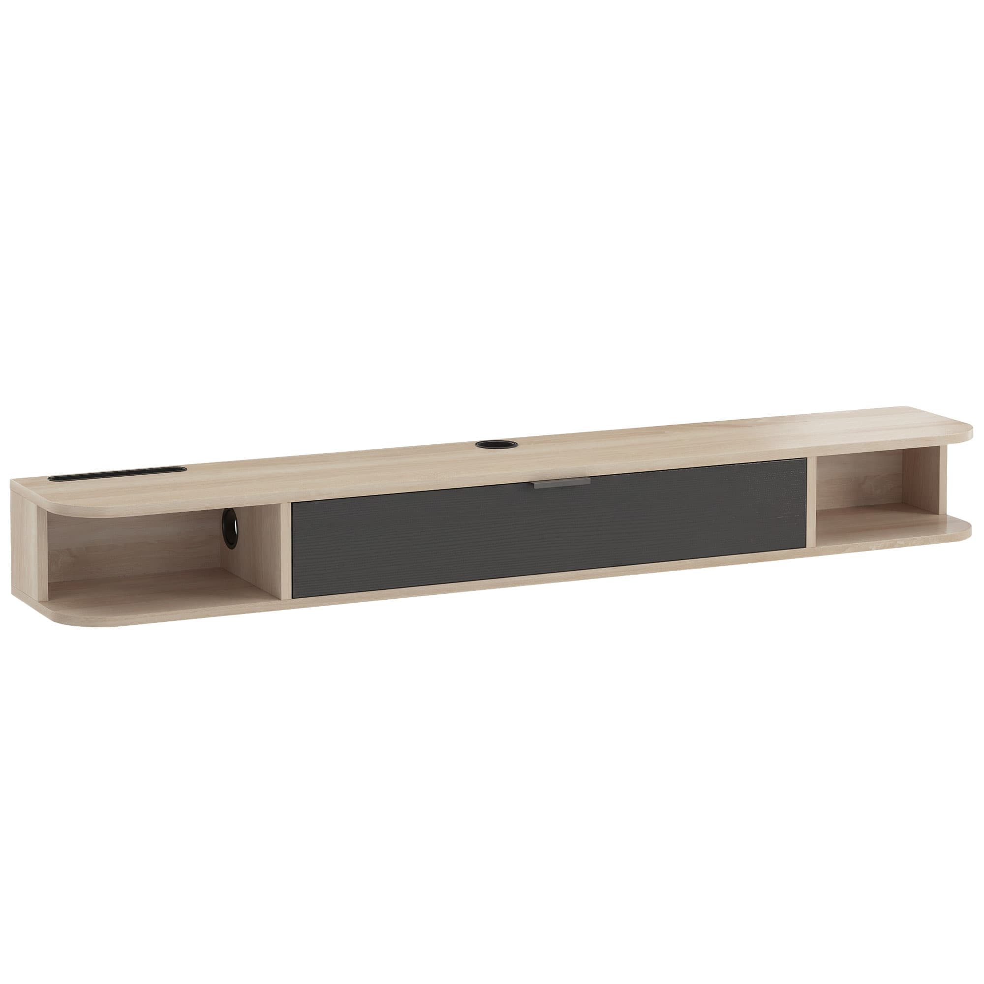 HOMCOM Meuble TV suspendu, meuble télé pour téléviseur jusqu'à 60 pouces, tiroir rabattable 2 étagères 140x24x16cm bois naturel