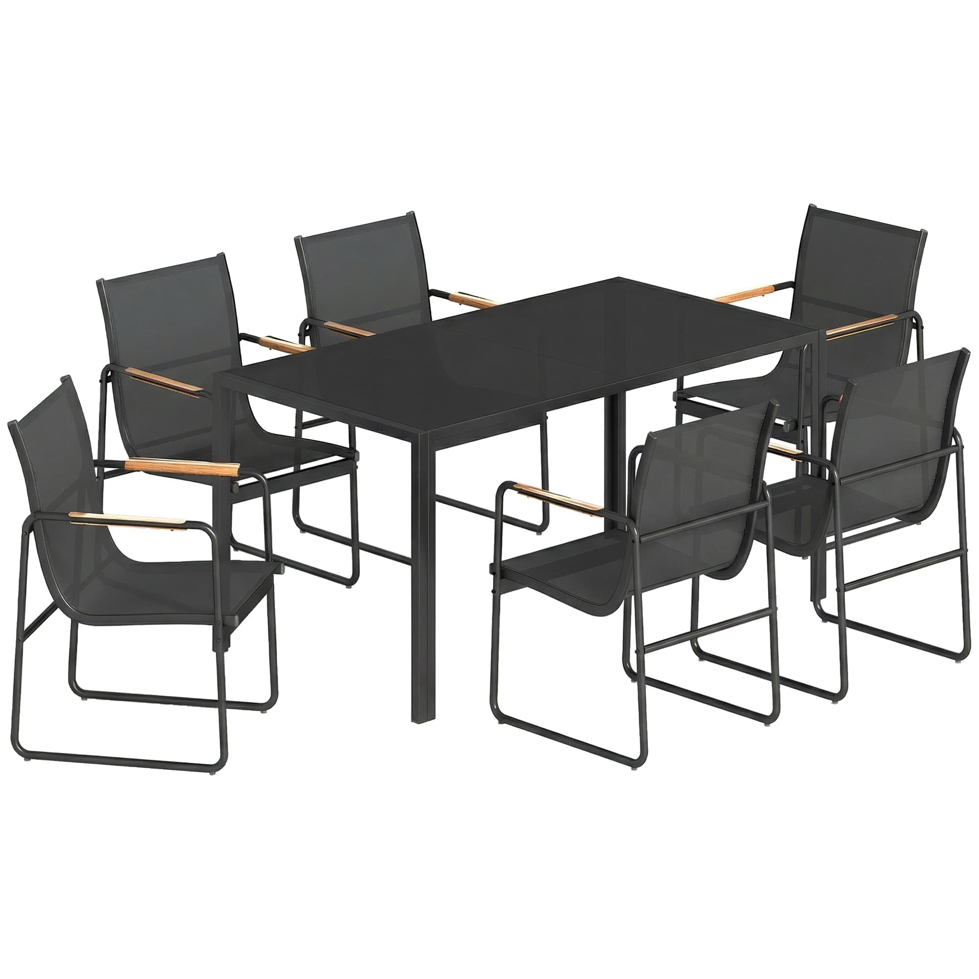 Outsunny Ensemble de Salle à Manger d'Extérieur 7 Pièces pour 6 Personnes, Table en Verre et Chaises avec Accoudoirs Décoratifs, Maille Résistante aux Intempéries, Noir