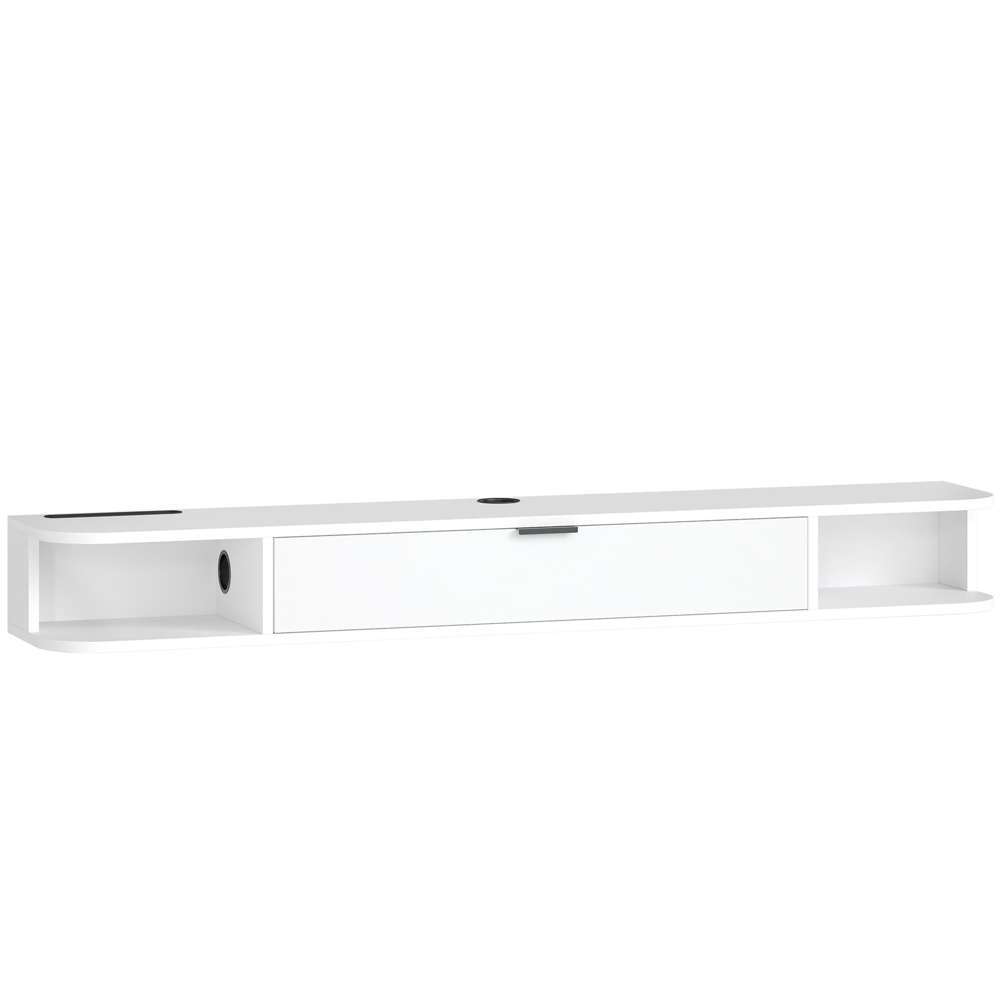 HOMCOM Meuble TV Suspendu, Meuble Télé pour Téléviseur jusqu'à 60 Pouces, Tiroir Rabattable, 2 Étagères, 140x24x16cm, Blanc