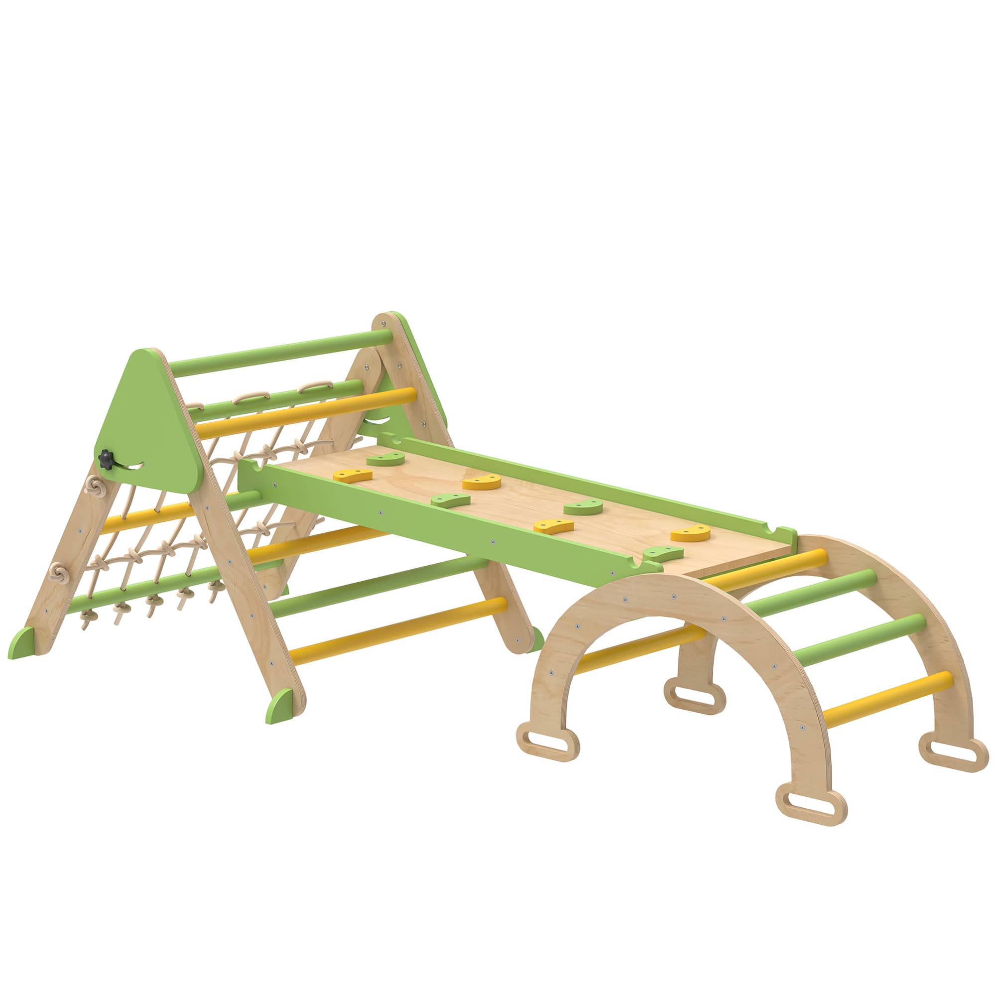 AIYAPLAY Triangle d'escalade enfants 8 en 1 avec rampe double face, arc d'escalade en bois avec toboggan & échelle, vert