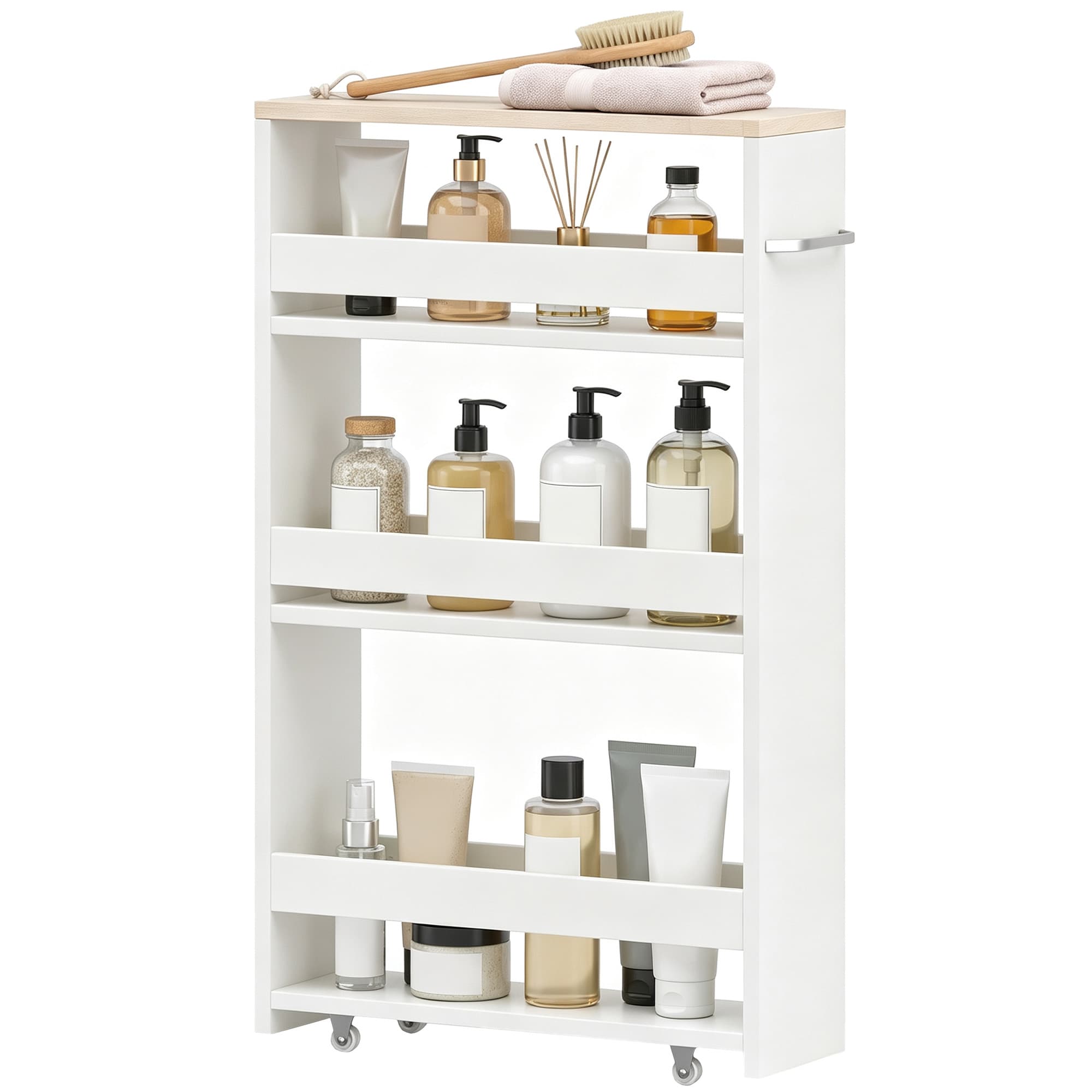 kleankin Chariot de rangement à 3 niveaux roulettes pour cuisine étroite salle de bain buanderie bureau avec poignée - 48 x 15 x 80 cm blanc