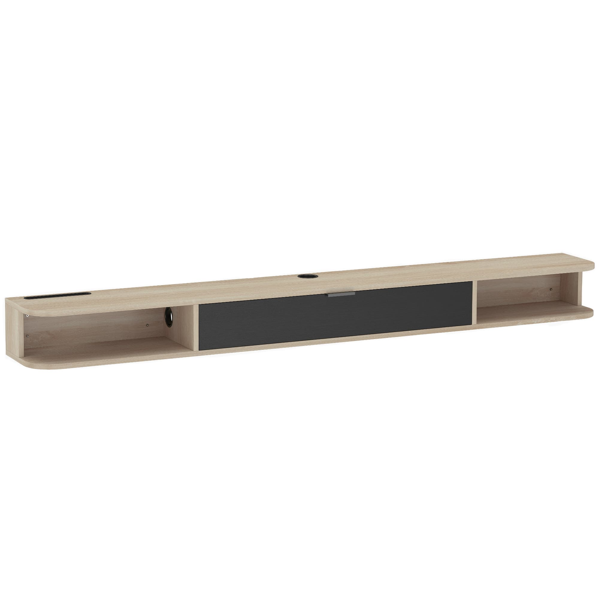 HOMCOM Meuble TV suspendu, meuble télé pour téléviseur jusqu'à 75 pouces, tiroir rabattable 2 étagères 180x24x16cm bois naturel