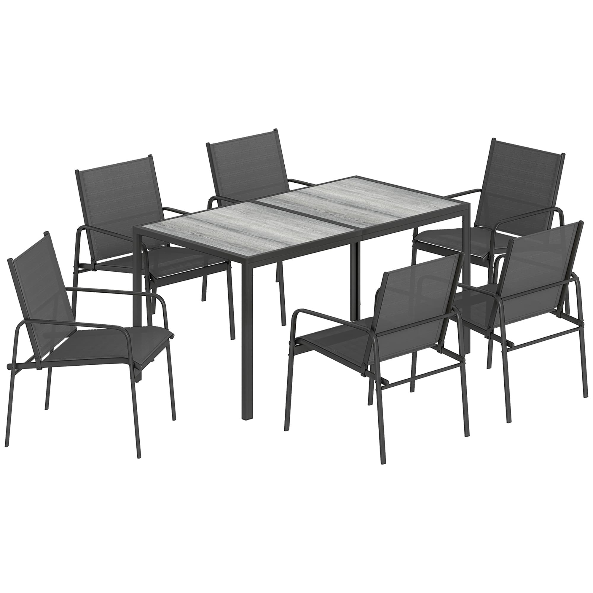 Outsunny Salon de Jardin Extérieur pour 6 Personnes, Table de Patio Effet Bois et Chaises avec Assise en Maille Respirante, Cadre en Acier Galvanisé, Noir