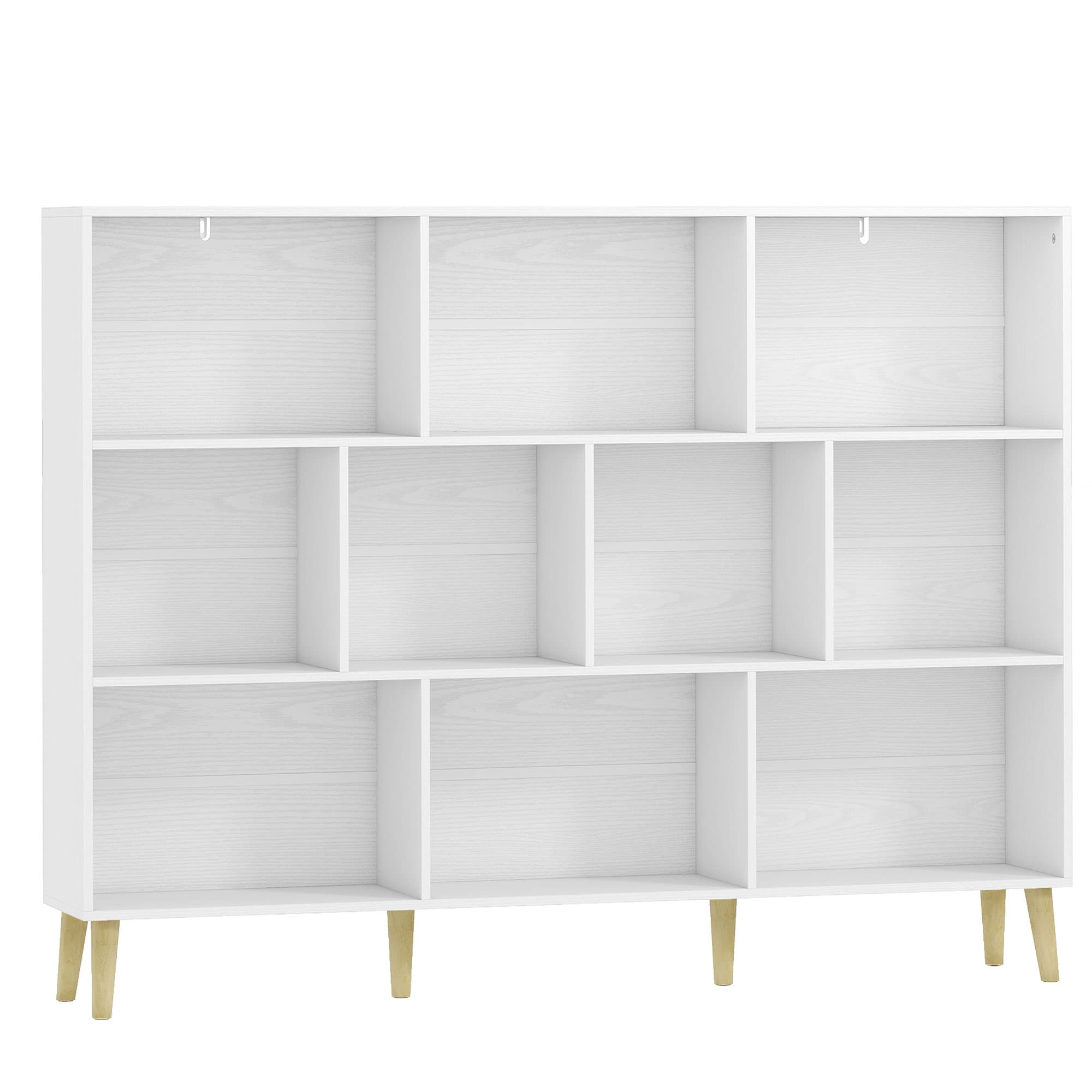 HOMCOM Bibliothèque à 3 Niveaux avec 10 Compartiments, Étagère de Rangement avec Pieds en Bois Massif, Effet Bois Blanc