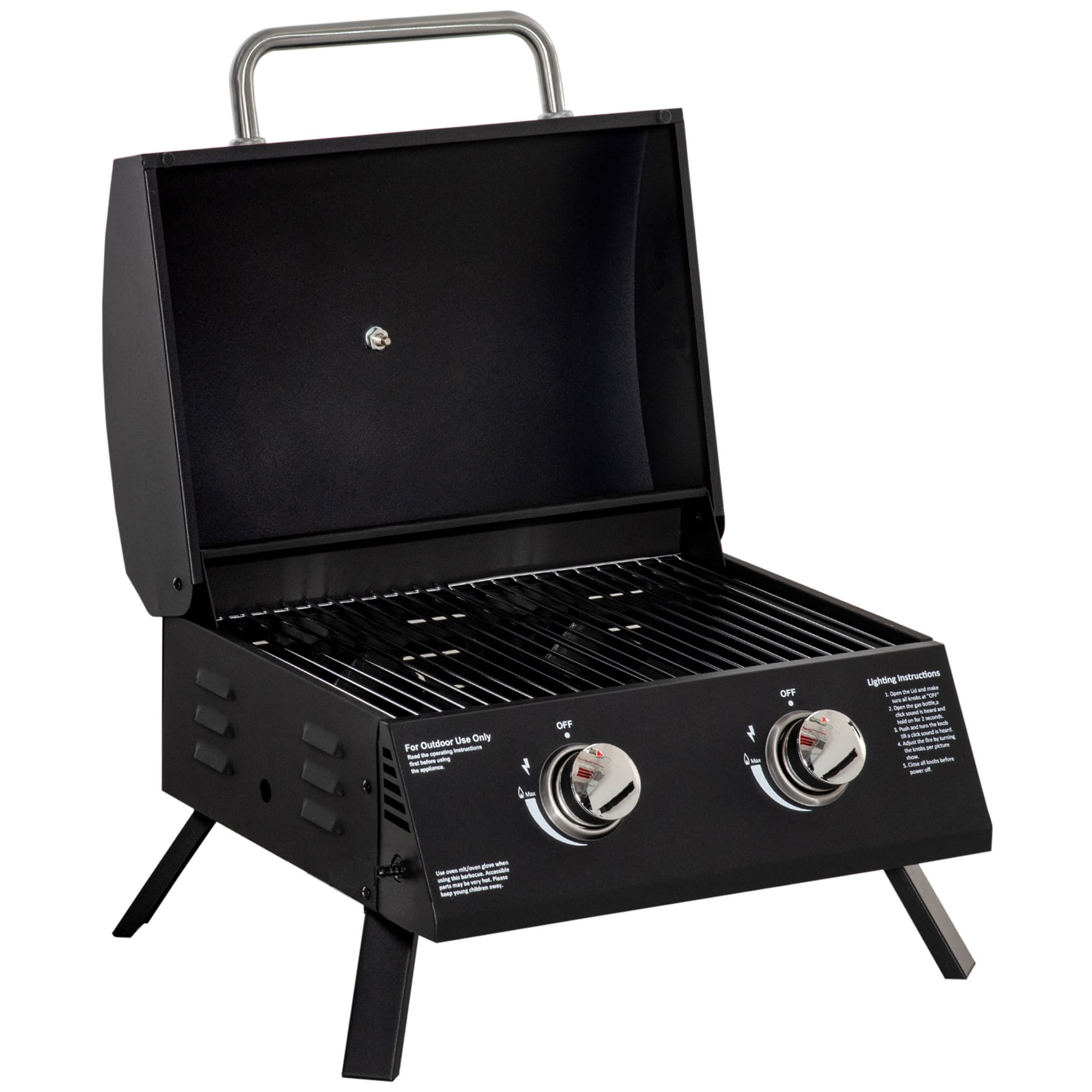 Outsunny Barbecue gaz de Table transportable Pieds Pliables - 2 brûleurs 5 KW - Grille de Cuisson, réceptacle Graisse, thermomètre Noir