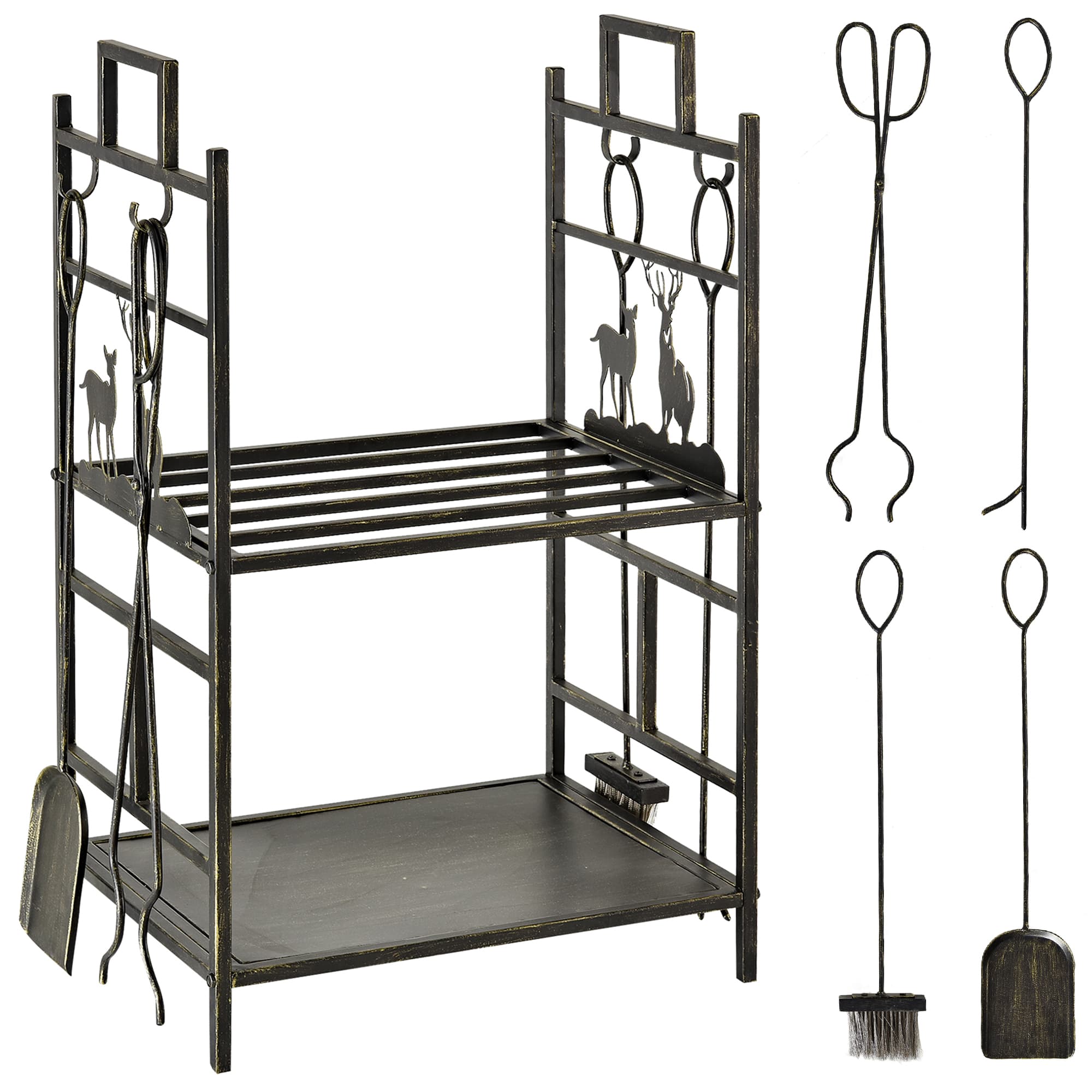 Outsunny Porte-bûches étagère à bois de cheminée serviteur de cheminée cerf multi-accessoires 2 étagères 51,5L x 33l x 77H cm métal noir or vieilli