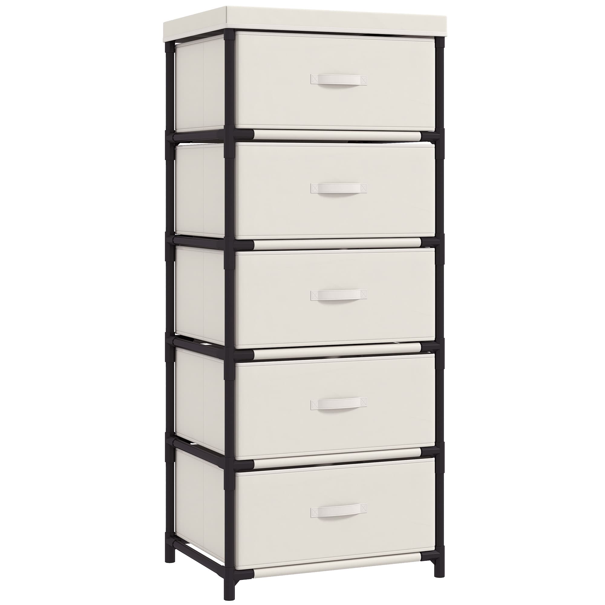 HOMCOM Commode de chambre avec 5 tiroirs en tissu, cadre en acier, commode pour salon, bureau, dressing, beige