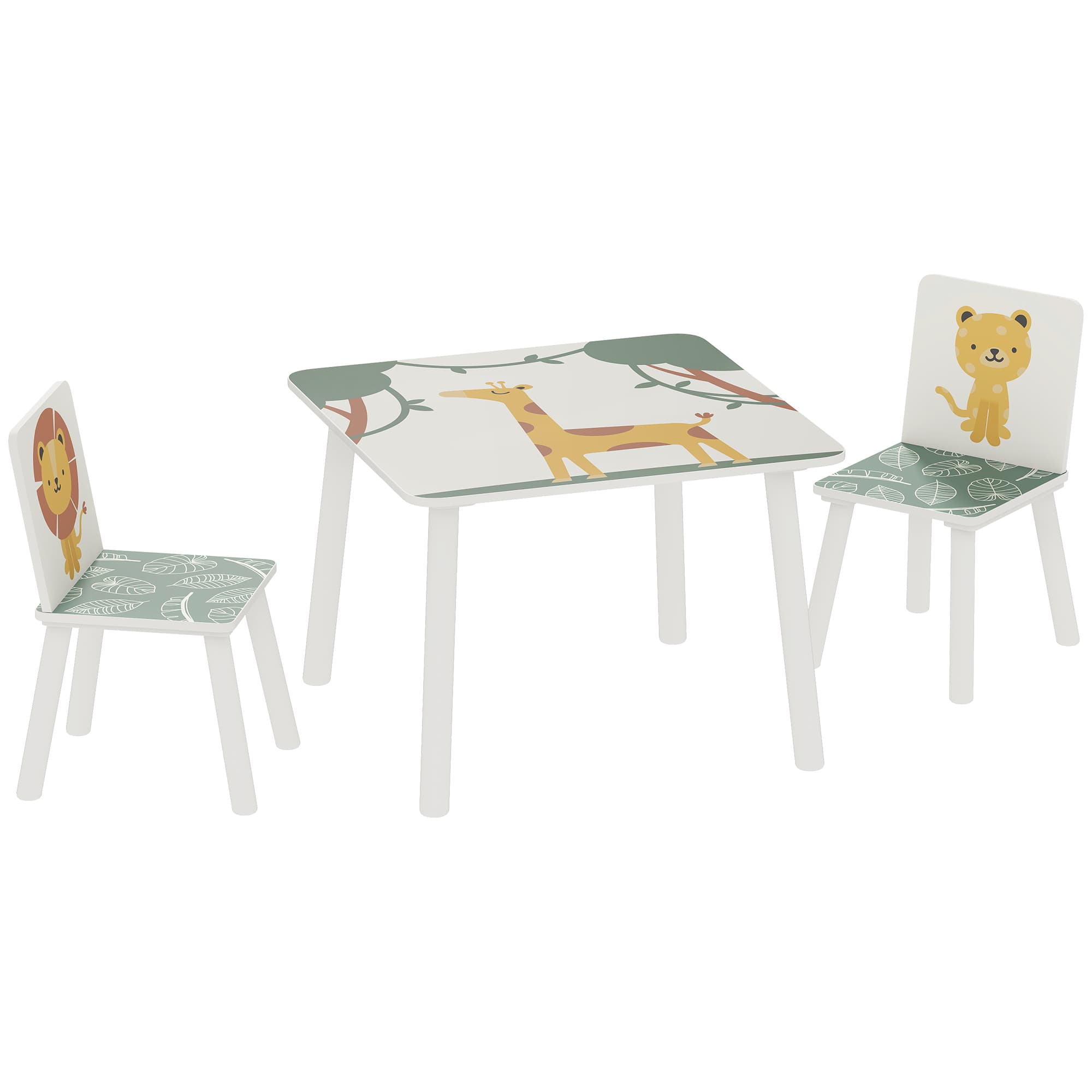AIYAPLAY Table enfant avec chaise, ensemble table et 2 chaises enfant en bois, motifs animaux, 60 x 60 x 44 cm, vert