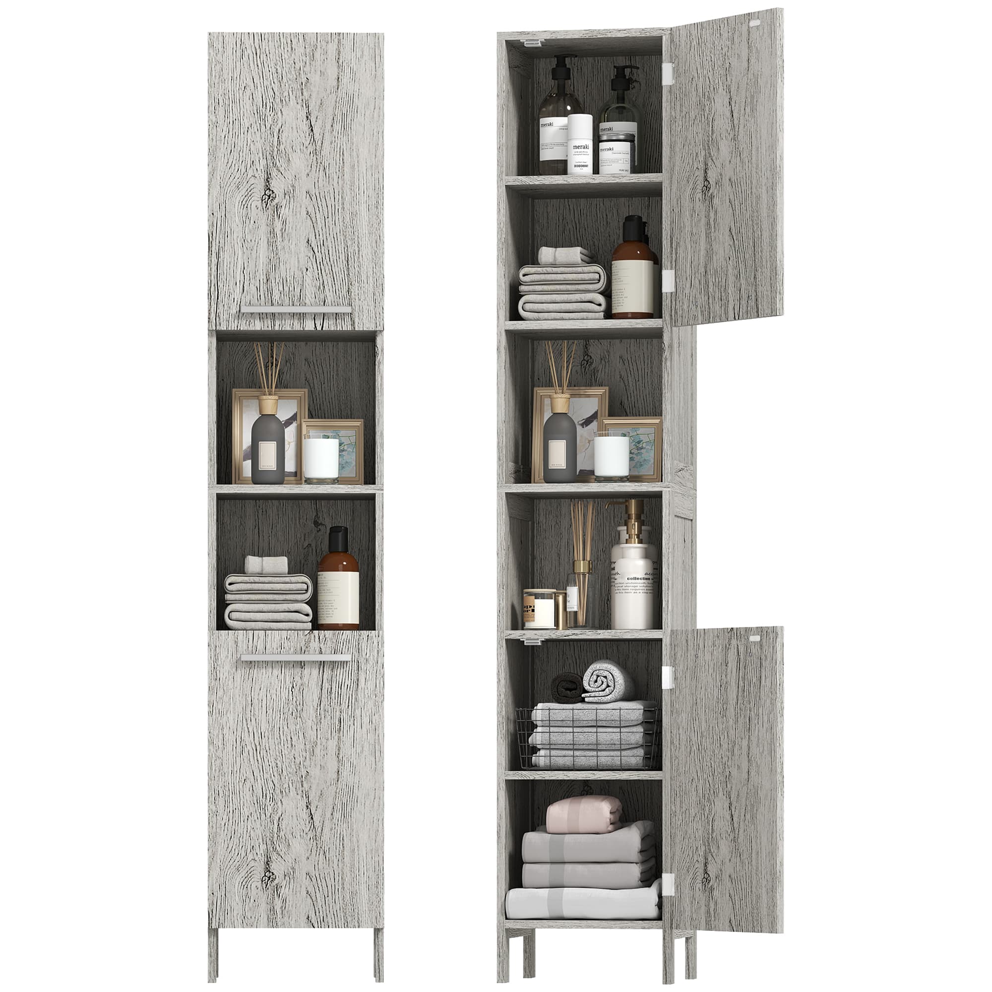 kleankin Meuble colonne rangement salle de bain dim. 30L x 32l x 172H cm 2 placards avec étagère + 2 niches MDF imitation bois gris
