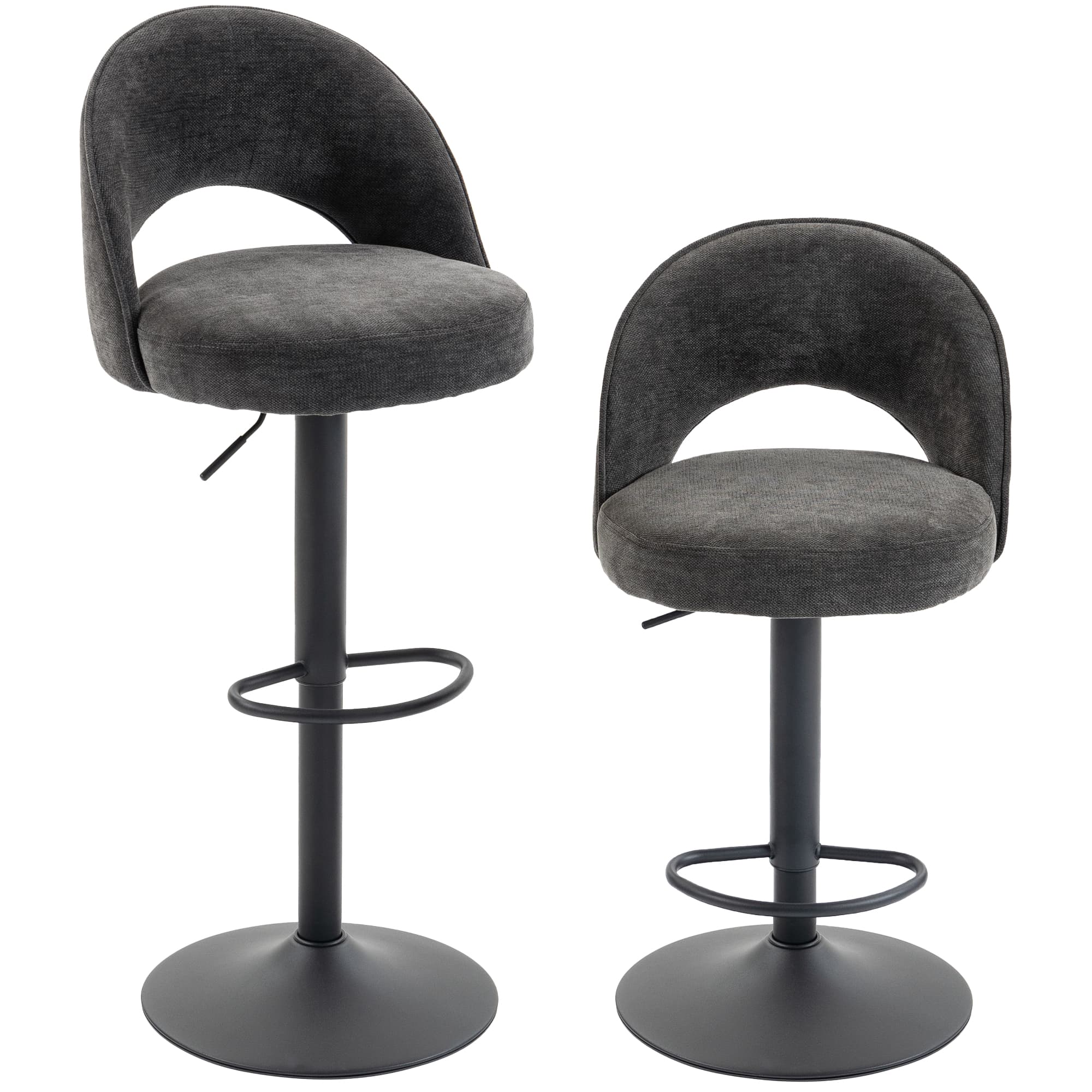 HOMCOM Lot de 2 Tabourets de Bar, Chaises de Bar Réglables en Hauteur, Assise Rembourrée en Chenille, Pivotant 360°, Gris