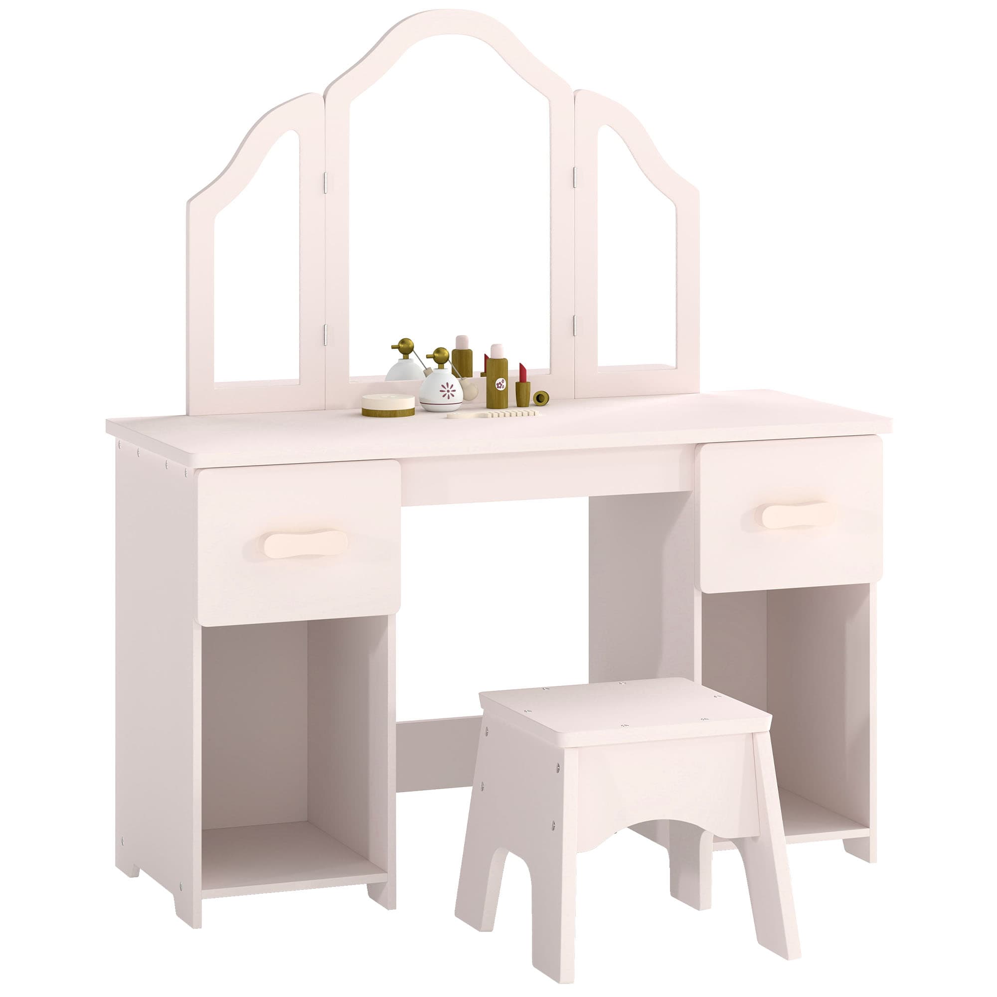 AIYAPLAY Coiffeuse pour Enfants avec Tabouret et Miroir à Trois Volets en Acrylique, 2 Tiroirs et 2 Placards, Rose
