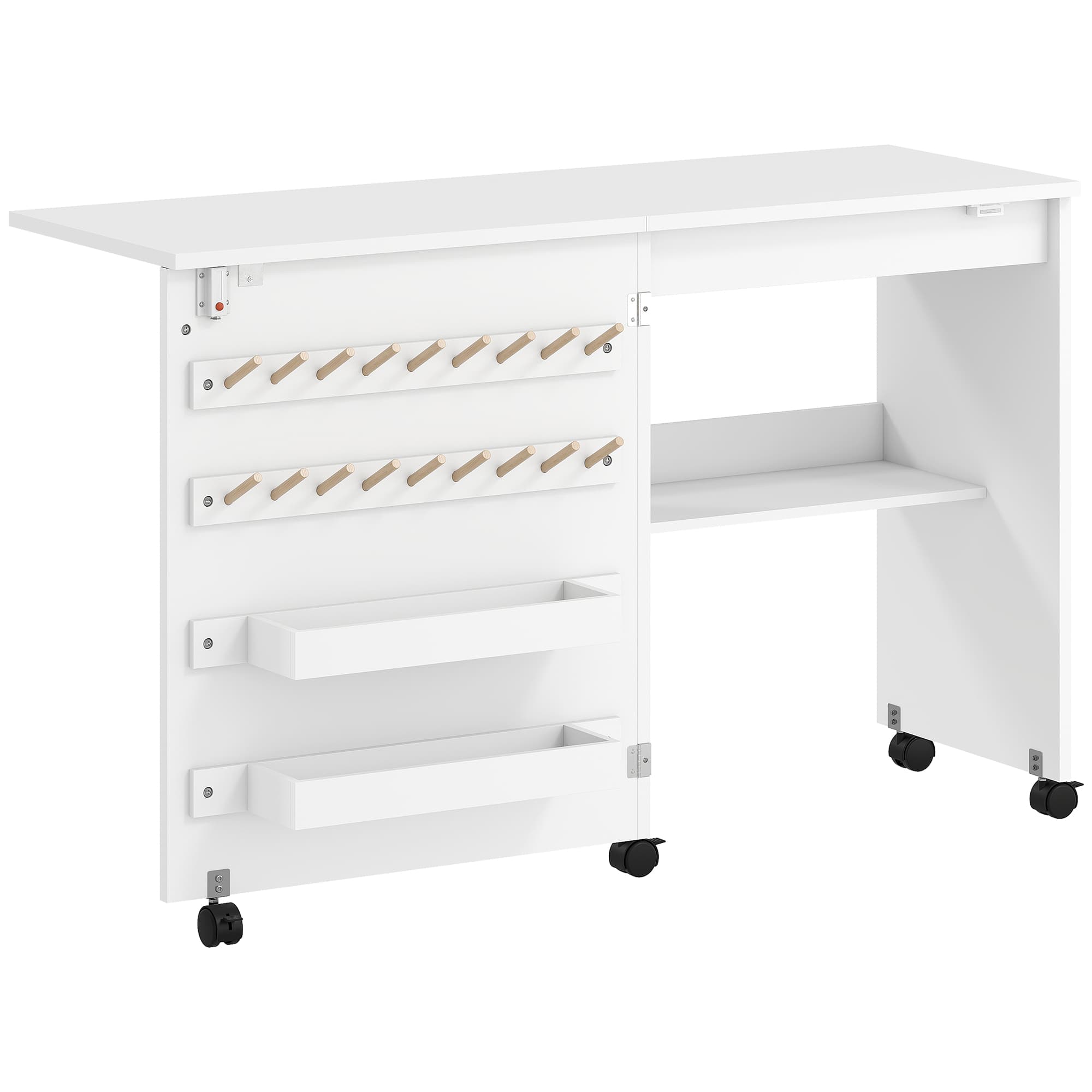 HOMCOM Table de Couture Pliante, Meuble Couture Roulant, Porte Magnétique de Grange, 2 Bacs, Étagère, 18 Chevilles, Blanc