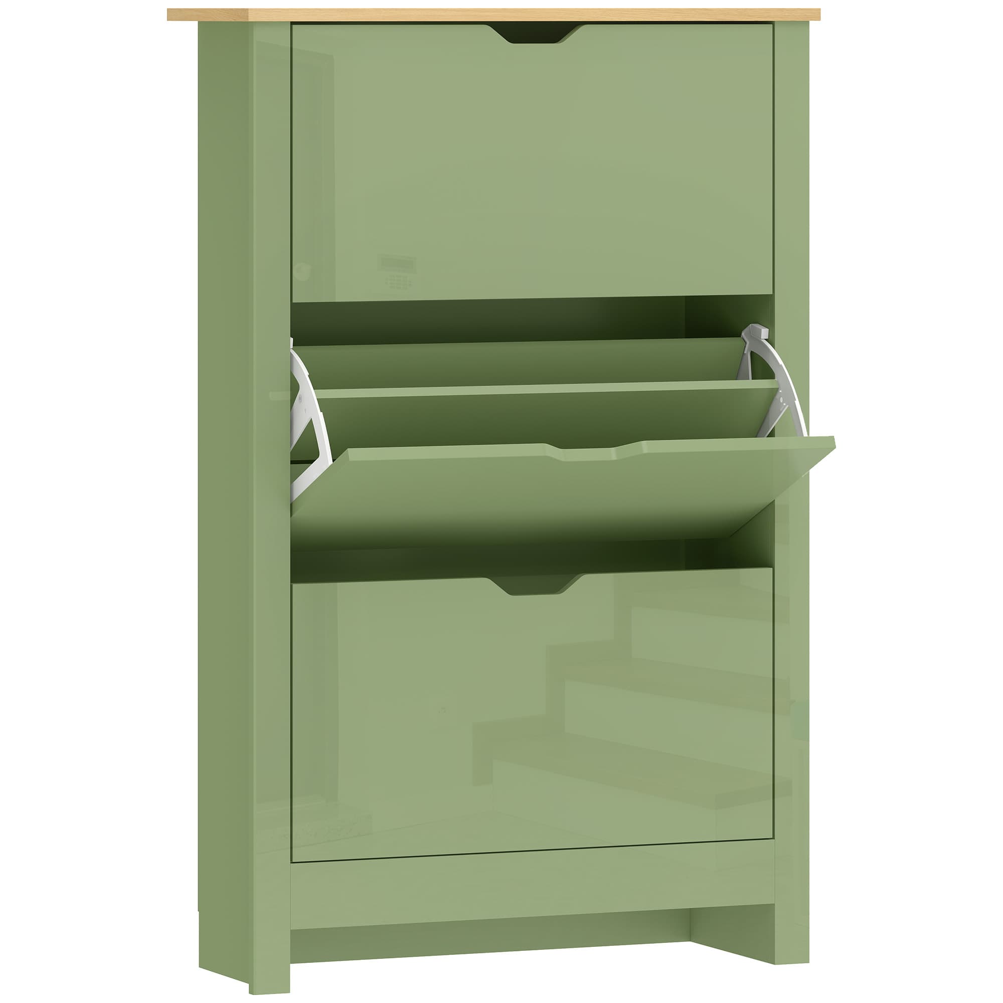 HOMCOM Meuble à Chaussures 18 Paires, Armoire à Chaussures à Haute Brillance, 3 Tiroirs Rabattables, Étagères Réglables, Vert