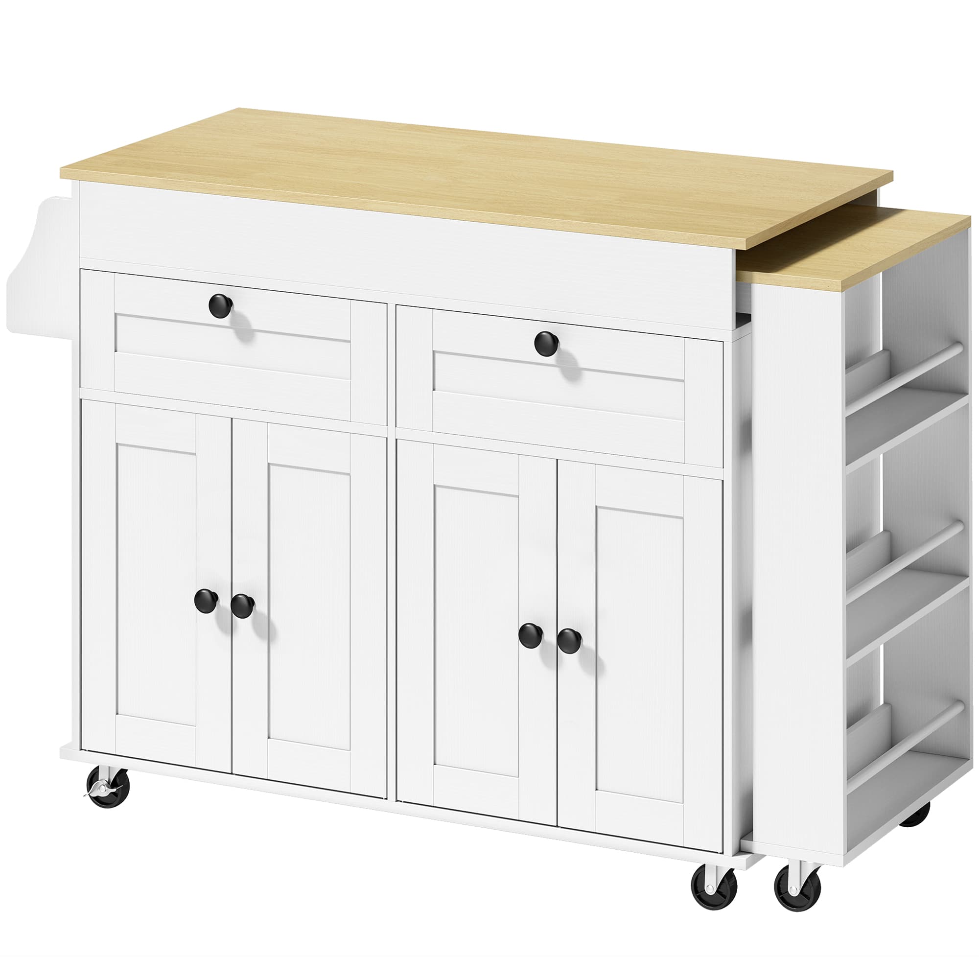 HOMCOM îlot central cuisine avec plateau extensible, desserte de cuisine sur roulettes avec 2 tiroirs, 4 portes, blanc