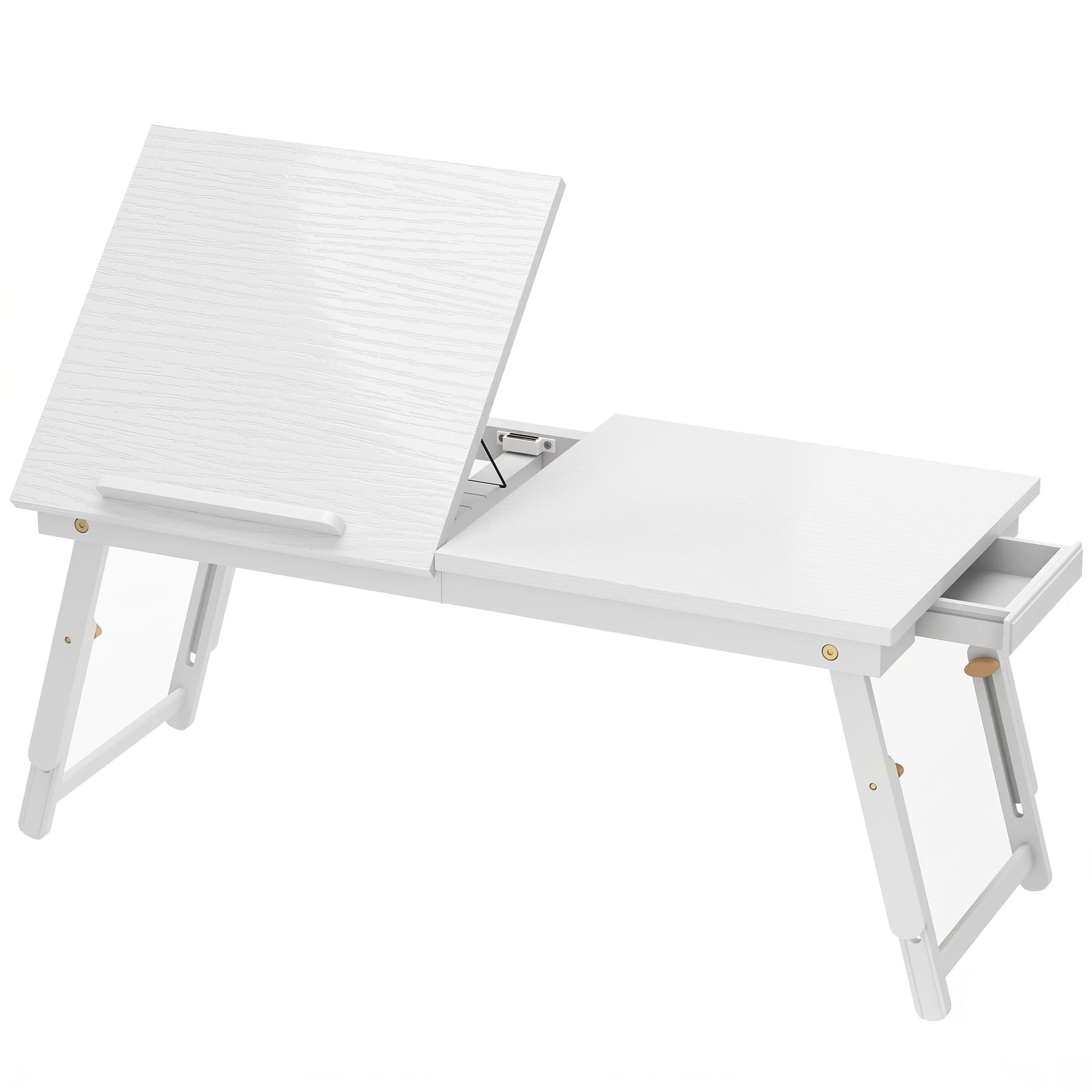HOMCOM Table de lit pliable et réglable, plateau de lit pour ordinateur portable en bambou plateau inclinable 83,5x33x34cm blanc