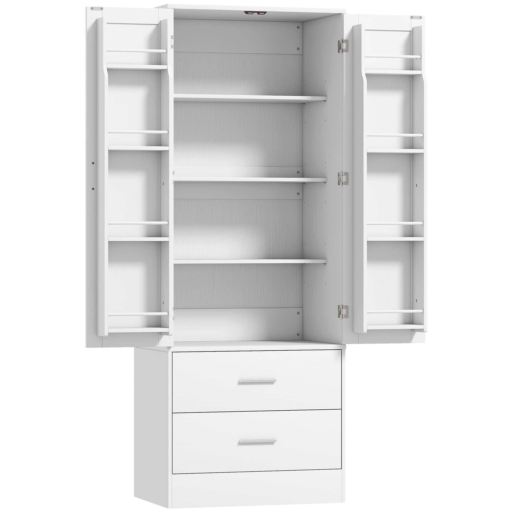 HOMCOM Buffet haut cuisine, armoire de cuisine, 2 portes, 8 porte-épices, 2 tiroirs, étagères réglables, 60x40x159cm, blanc
