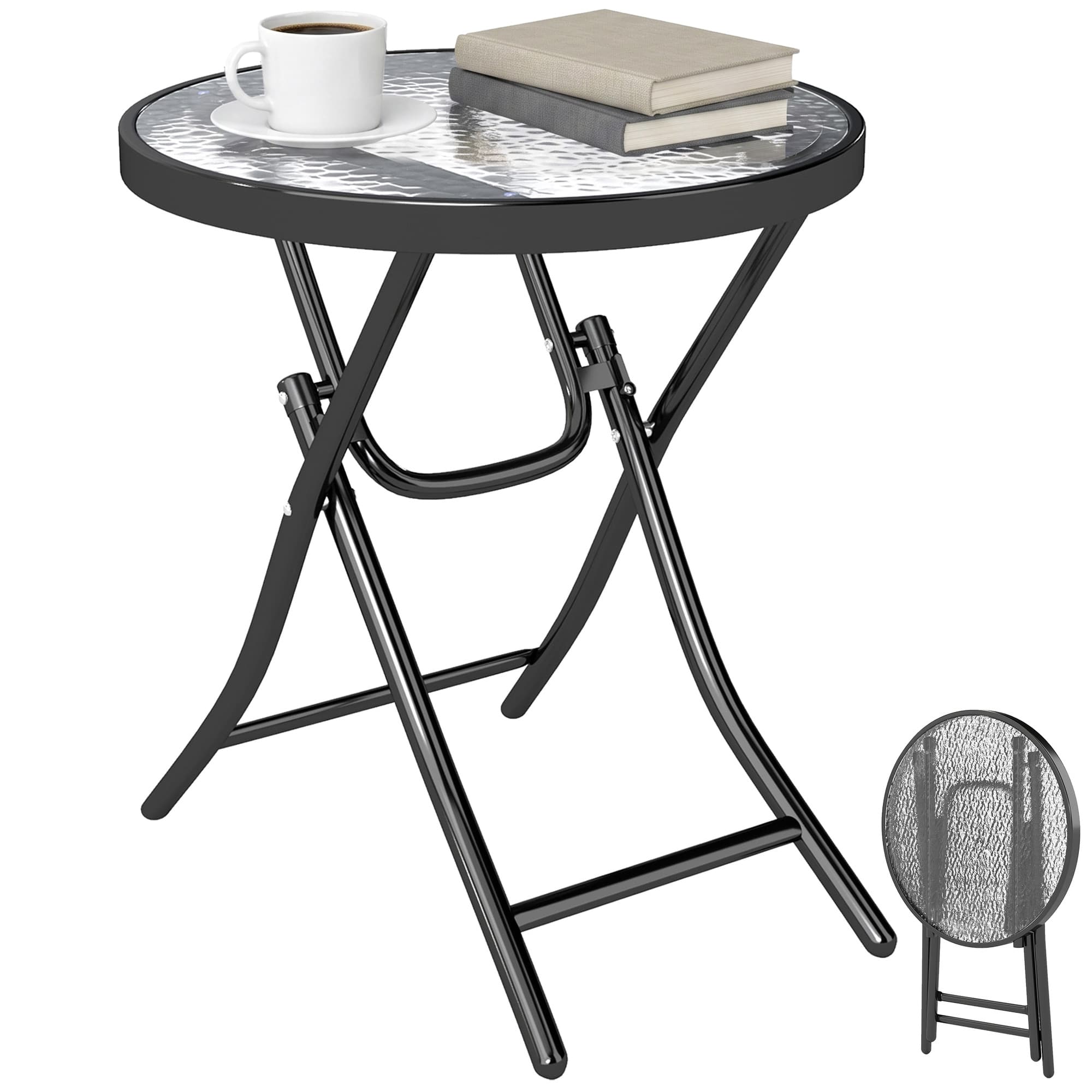 Outsunny Table basse ronde bistro de jardin Ø 45 x 50H cm pliable métal époxy noir plateau verre trempé Aosom France