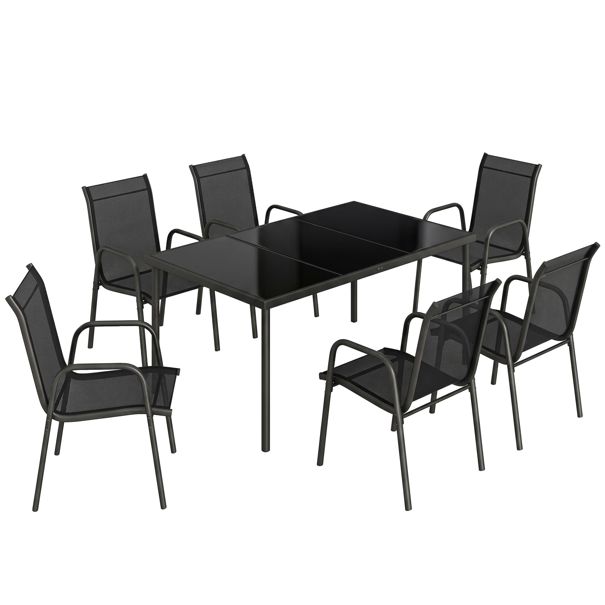 Outsunny Salon de Jardin 6 Personnes Ensemble Table et Chaises Jardin avec Chaises Empilables en Textilène 70x51x87cm Noir